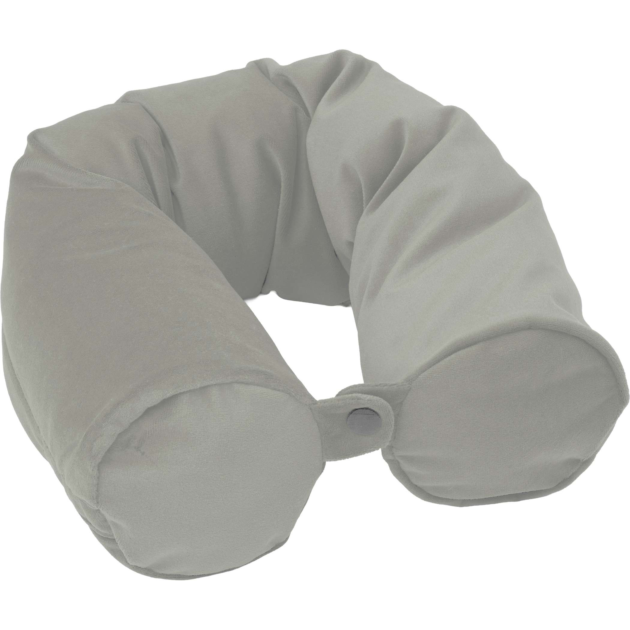 Gray Wander & Roam Packable Neck Pillow is shown as a compact, soft travel neck pillow made from RPET velvet material. It features a zippered, rectangular packable design that folds into a neck pillow shape, with a snap closure strap visible for securing around the neck during travel use, such as flights or long-distance trips.