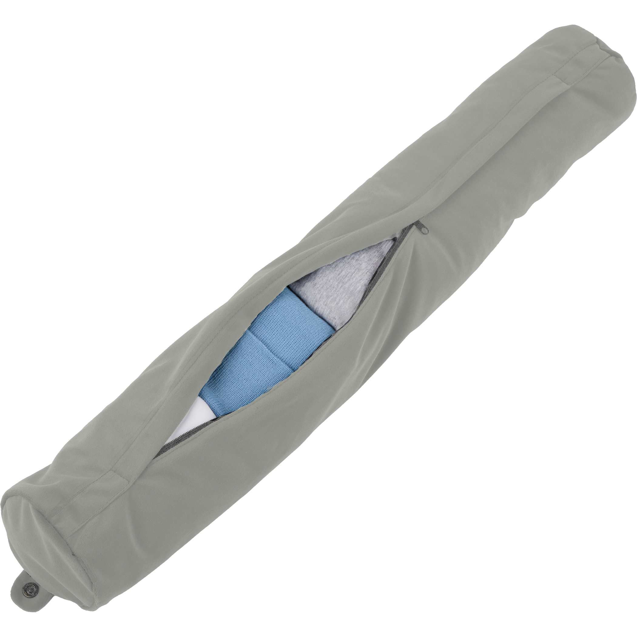 Gray Wander & Roam Packable Neck Pillow is shown as a compact, soft travel neck pillow made from RPET velvet material. It features a zippered, rectangular packable design that folds into a neck pillow shape, with a snap closure strap visible for securing around the neck during travel use, such as flights or long-distance trips.