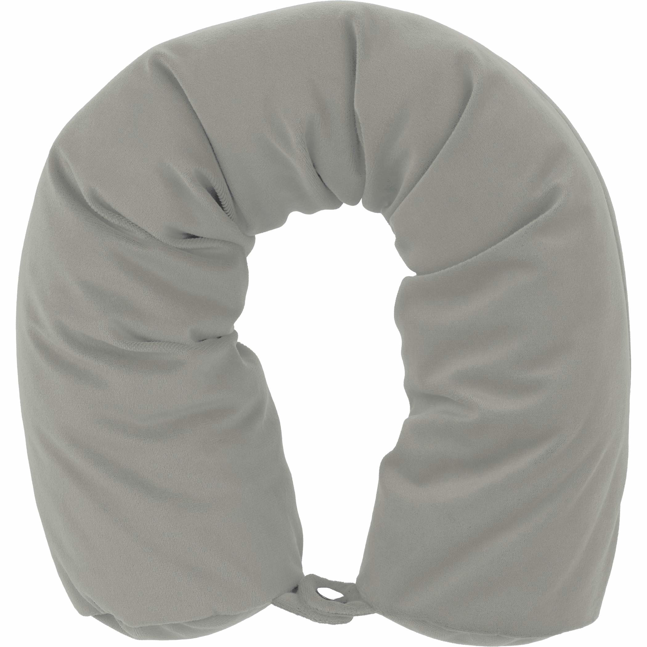 Gray Wander & Roam Packable Neck Pillow is shown as a compact, soft travel neck pillow made from RPET velvet material. It features a zippered, rectangular packable design that folds into a neck pillow shape, with a snap closure strap visible for securing around the neck during travel use, such as flights or long-distance trips.