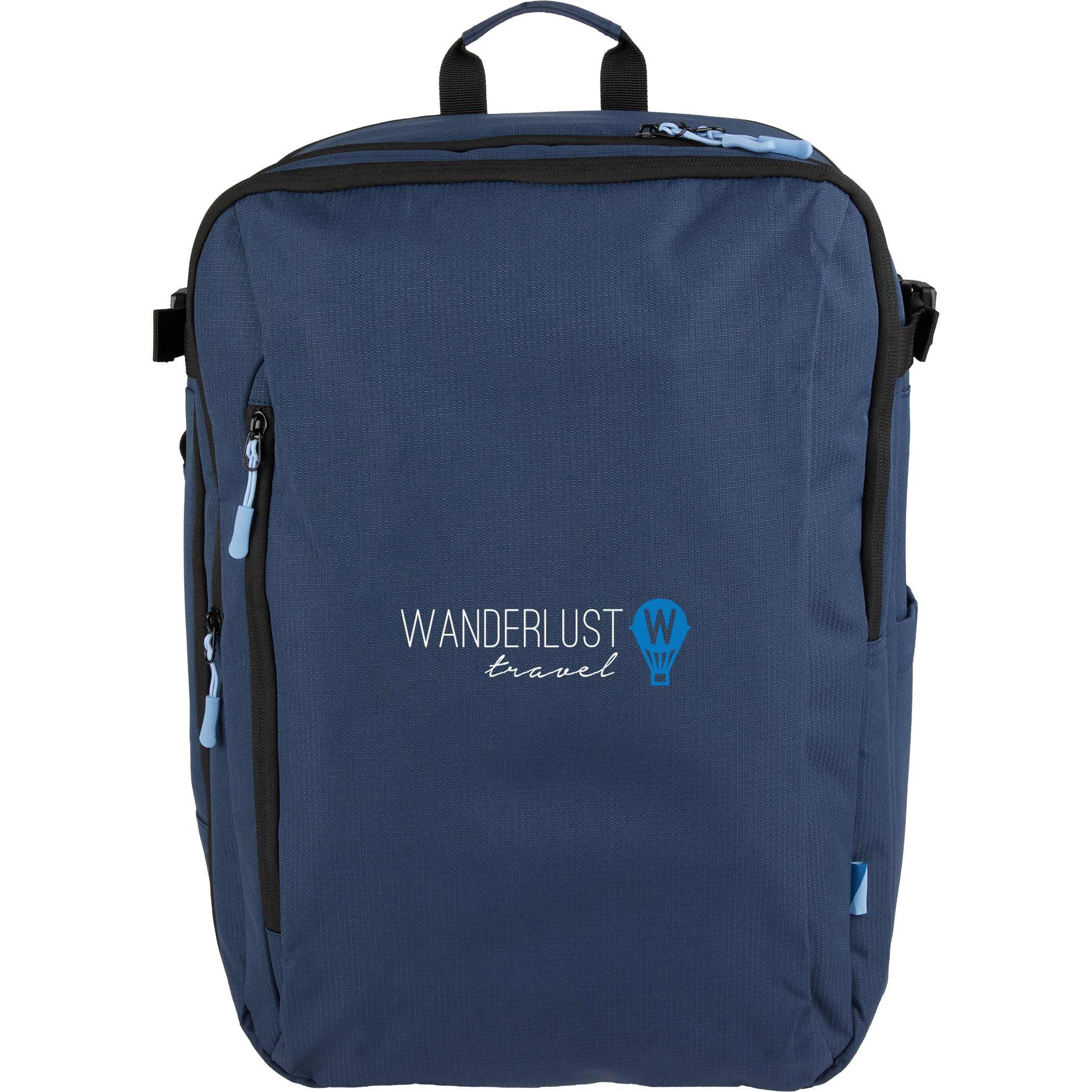 Navy Wander & Roam Travel Backpack, made from durable RPET 300D recycled fabric, shown with a structured rectangular shape, flat-opening main compartment design, padded laptop sleeve section, front zip organization pocket, and side and top grab handles, designed for travel and commuting use.
