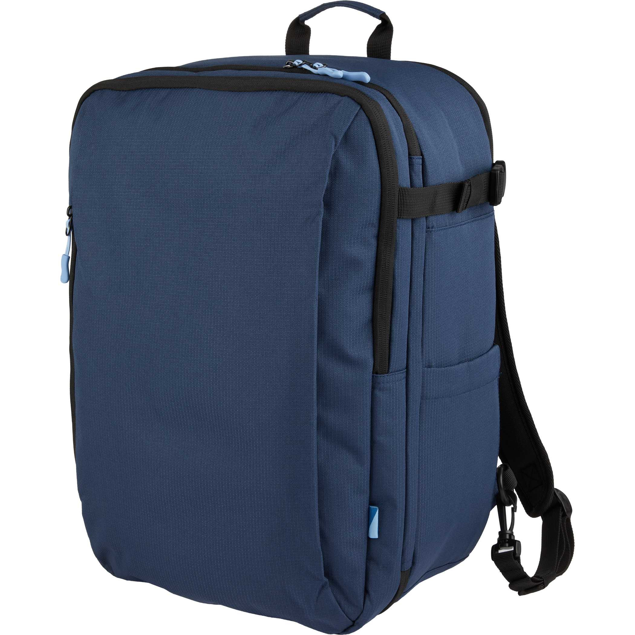Navy Wander & Roam Travel Backpack, made from durable RPET 300D recycled fabric, shown with a structured rectangular shape, flat-opening main compartment design, padded laptop sleeve section, front zip organization pocket, and side and top grab handles, designed for travel and commuting use.