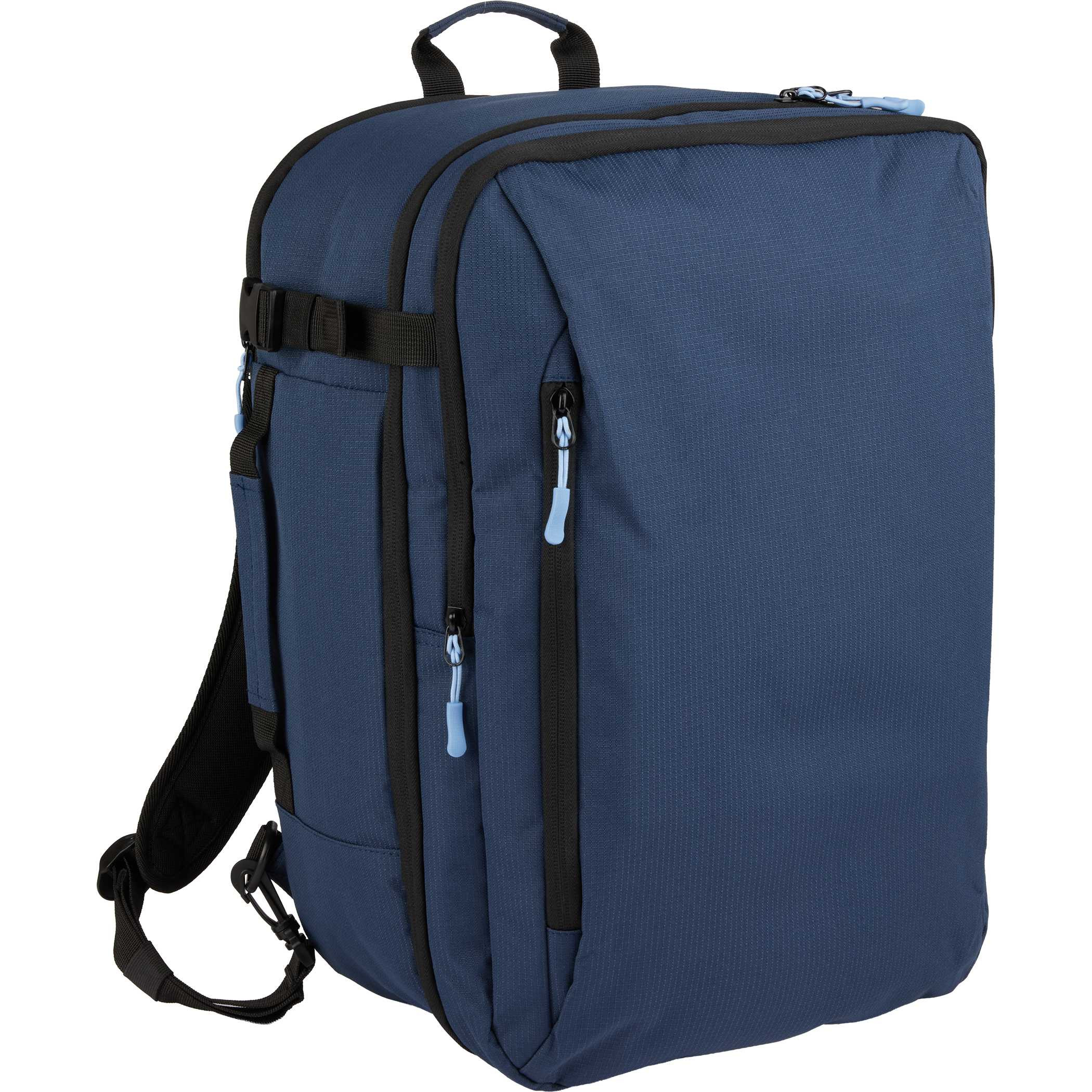 Navy Wander & Roam Travel Backpack, made from durable RPET 300D recycled fabric, shown with a structured rectangular shape, flat-opening main compartment design, padded laptop sleeve section, front zip organization pocket, and side and top grab handles, designed for travel and commuting use.