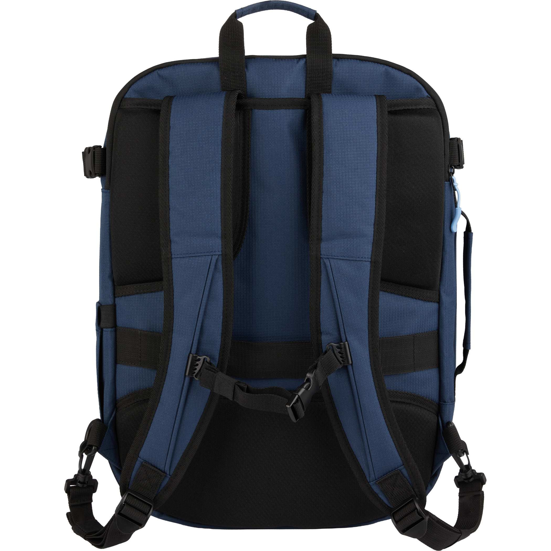 Navy Wander & Roam Travel Backpack, made from durable RPET 300D recycled fabric, shown with a structured rectangular shape, flat-opening main compartment design, padded laptop sleeve section, front zip organization pocket, and side and top grab handles, designed for travel and commuting use.