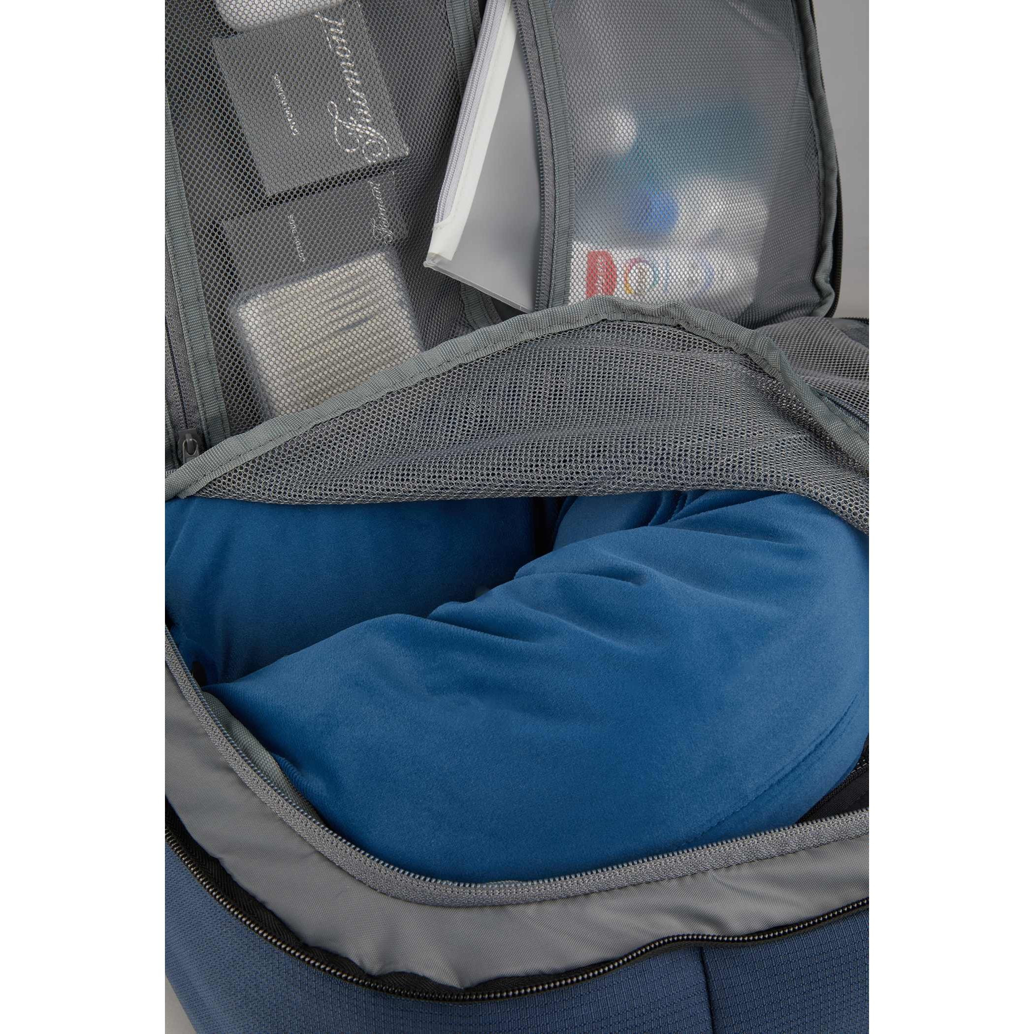 Navy Wander & Roam Travel Backpack, made from durable RPET 300D recycled fabric, shown with a structured rectangular shape, flat-opening main compartment design, padded laptop sleeve section, front zip organization pocket, and side and top grab handles, designed for travel and commuting use.