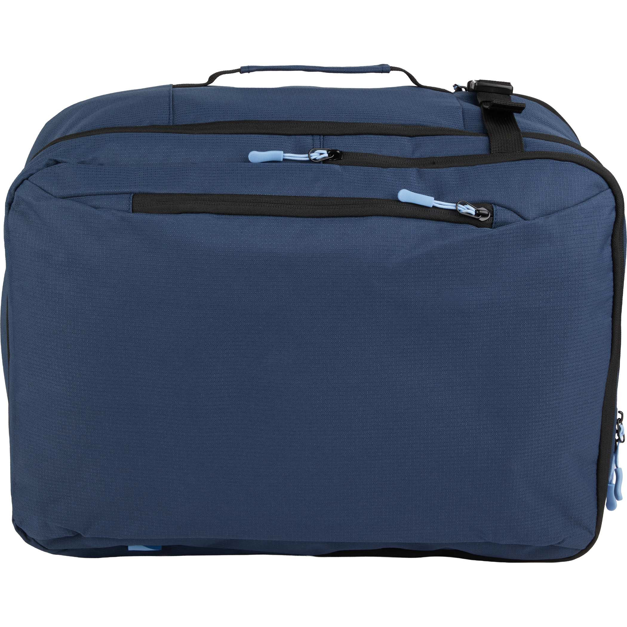 Navy Wander & Roam Travel Backpack, made from durable RPET 300D recycled fabric, shown with a structured rectangular shape, flat-opening main compartment design, padded laptop sleeve section, front zip organization pocket, and side and top grab handles, designed for travel and commuting use.