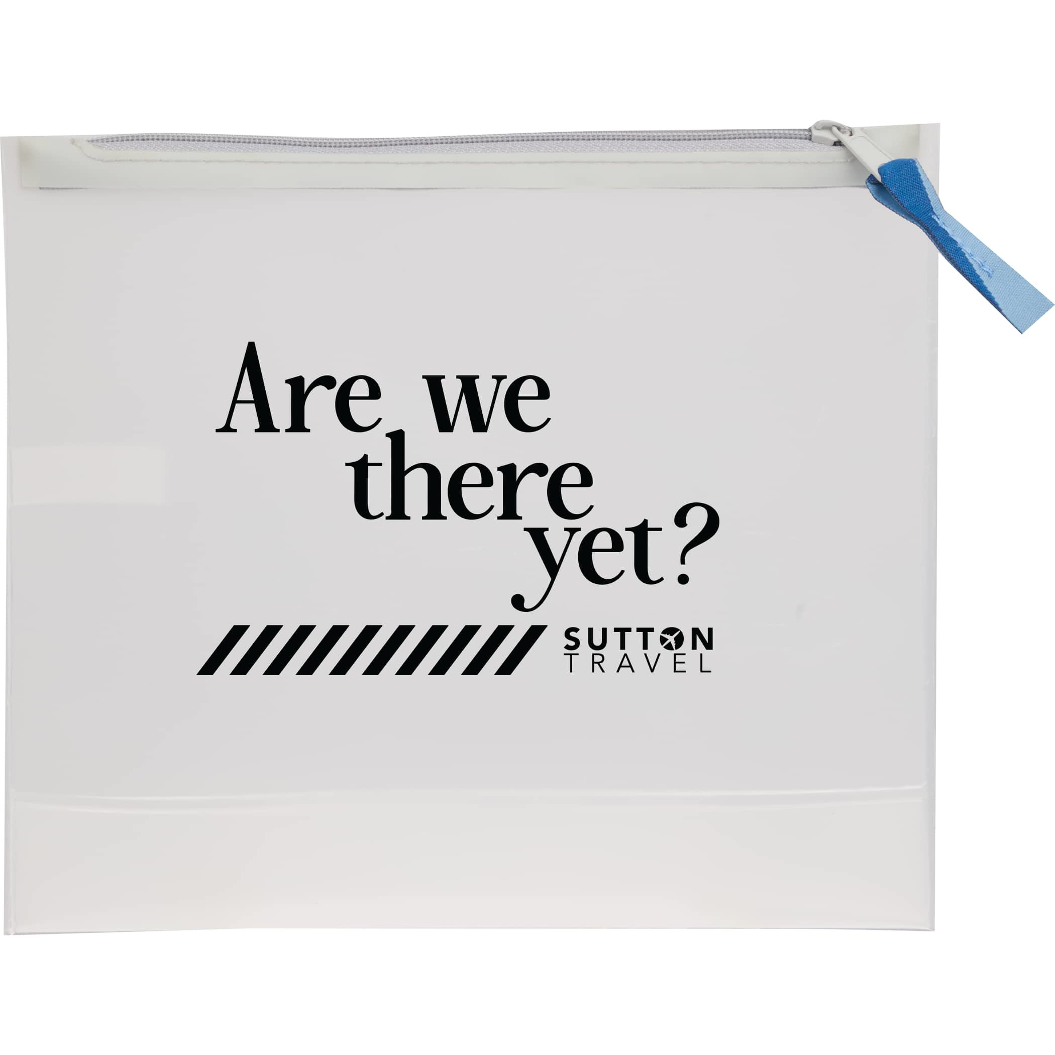 Clear Wander & Roam Travel Pouch made from semi-transparent TPU with a zipper closure and woven pull tab, designed for storing toiletries, cosmetics, travel accessories, and small everyday essentials in luggage, backpacks, or tote bags.