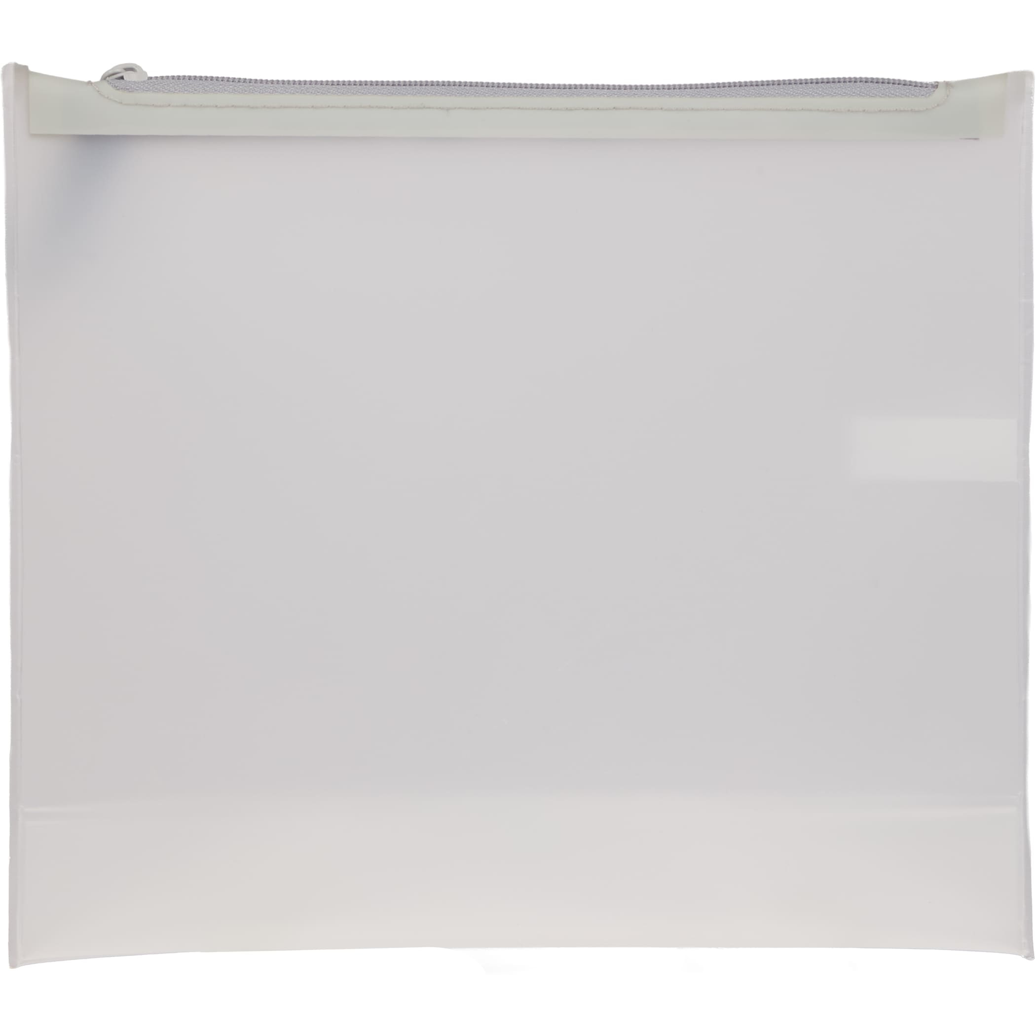 Clear Wander & Roam Travel Pouch made from semi-transparent TPU with a zipper closure and woven pull tab, designed for storing toiletries, cosmetics, travel accessories, and small everyday essentials in luggage, backpacks, or tote bags.