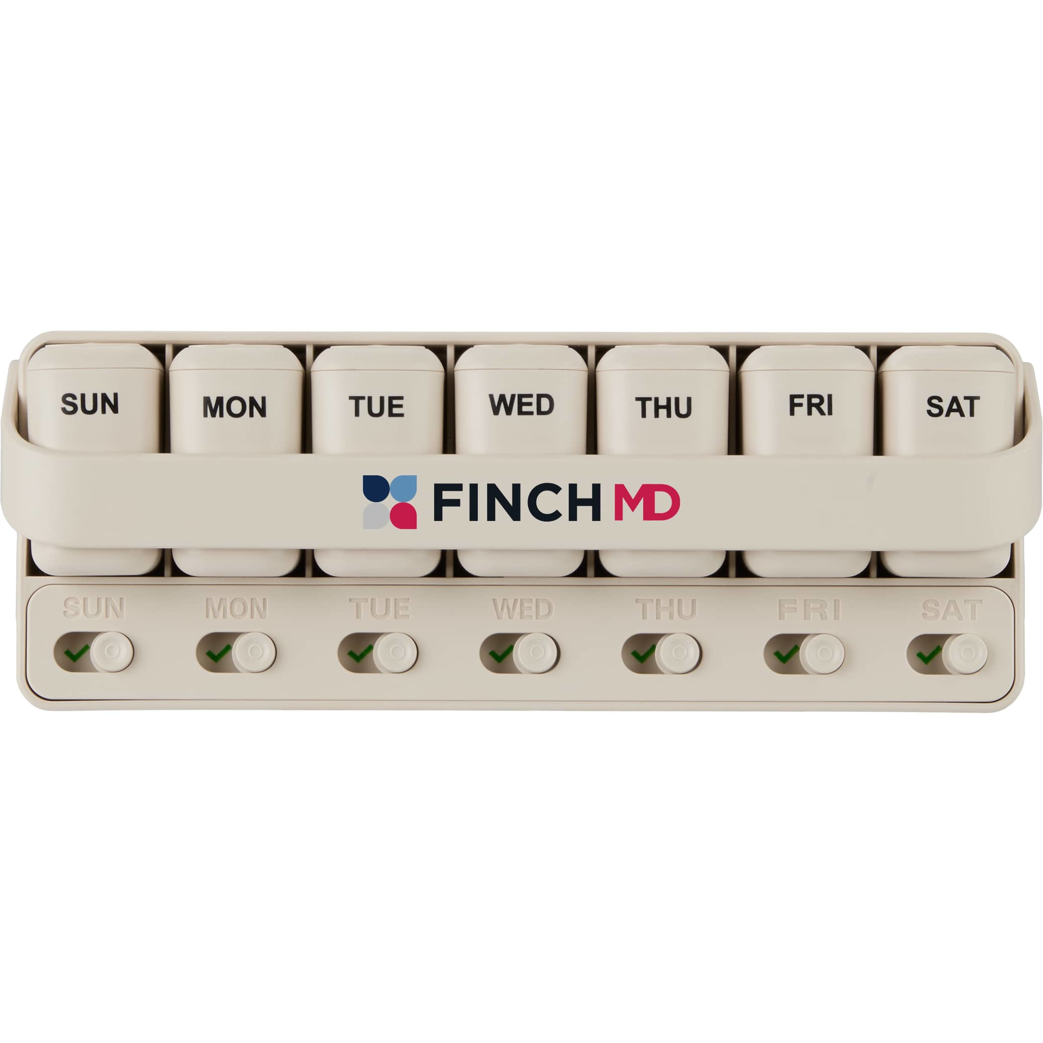 Cream Wellable™ Daily Pill and Supplement Organizer with seven removable sliding compartments, built-in daily reminder tracks, and compact rectangular design for organizing vitamins, supplements, or medications at home or while traveling.
