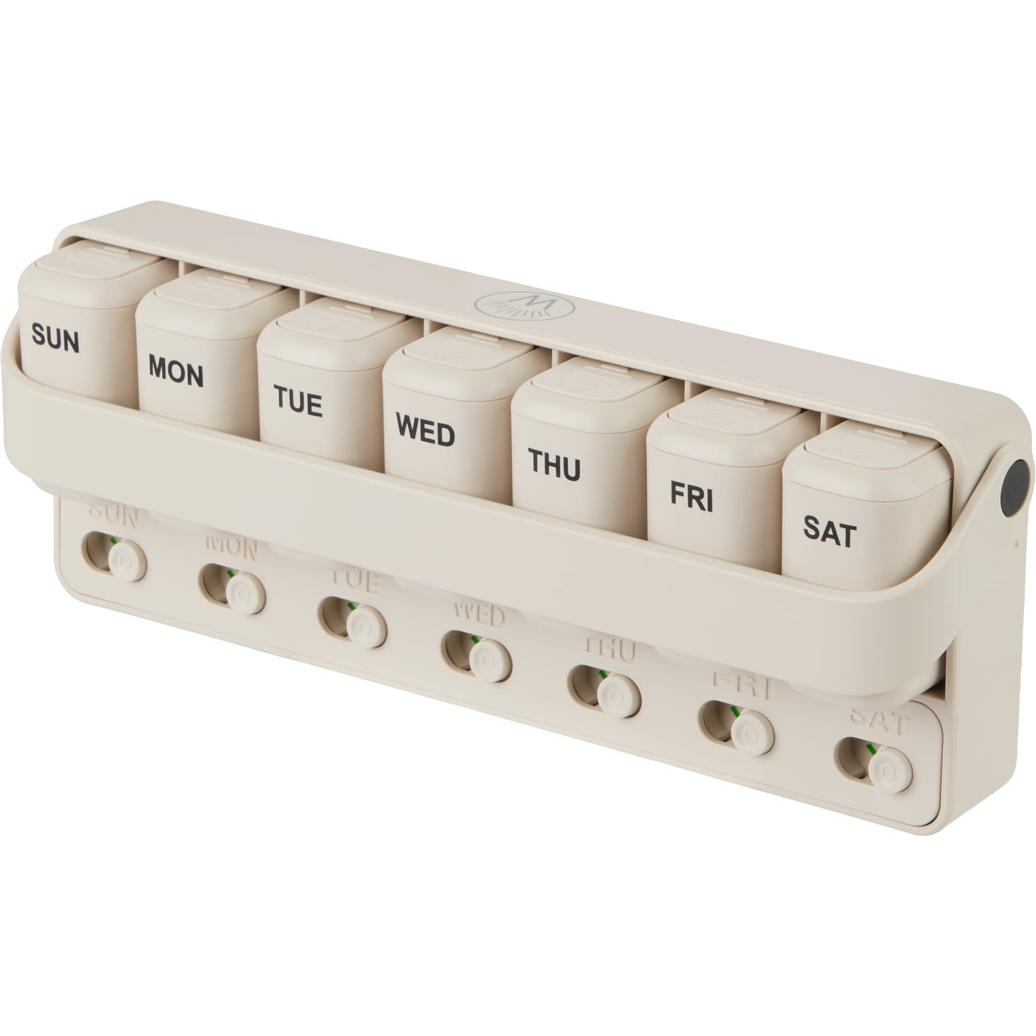 Cream Wellable™ Daily Pill and Supplement Organizer with seven removable sliding compartments, built-in daily reminder tracks, and compact rectangular design for organizing vitamins, supplements, or medications at home or while traveling.
