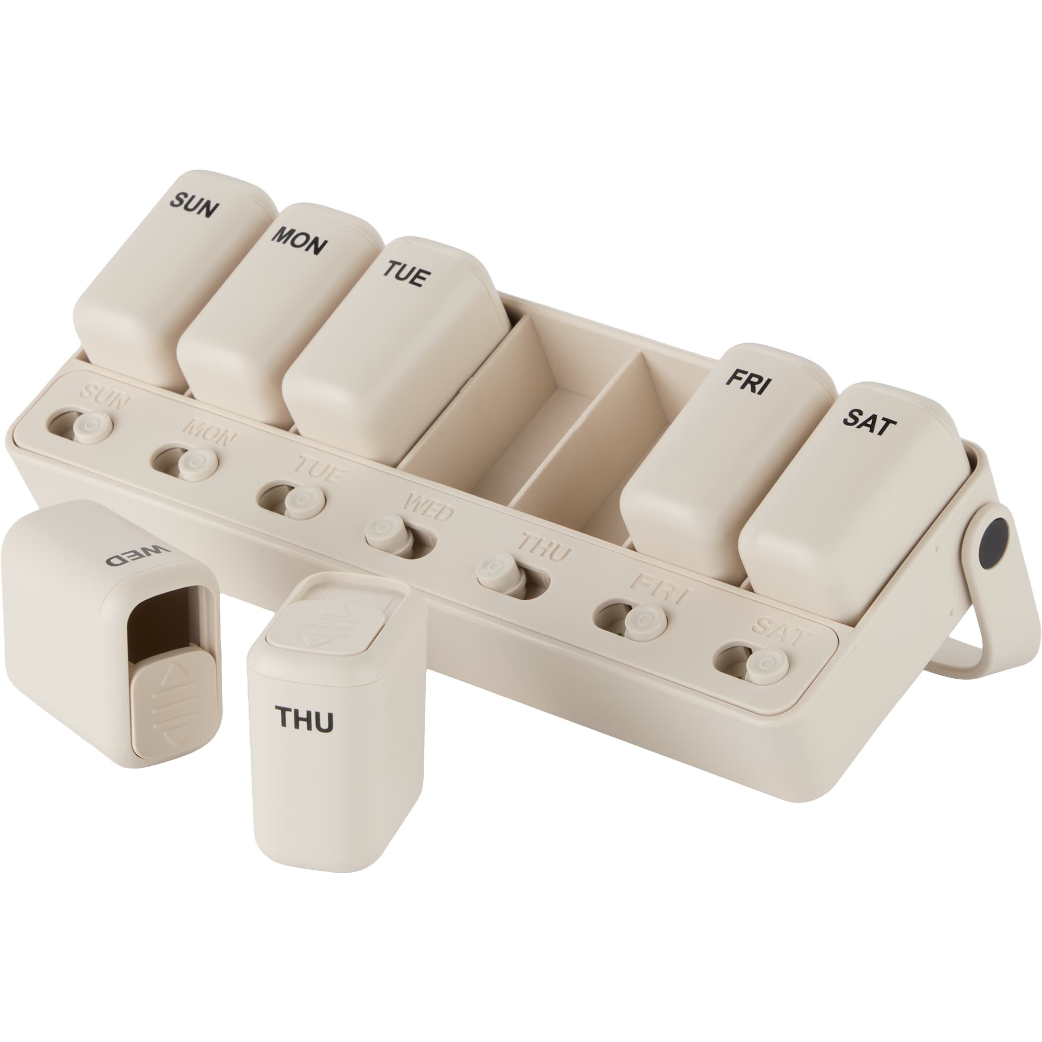 Cream Wellable™ Daily Pill and Supplement Organizer with seven removable sliding compartments, built-in daily reminder tracks, and compact rectangular design for organizing vitamins, supplements, or medications at home or while traveling.