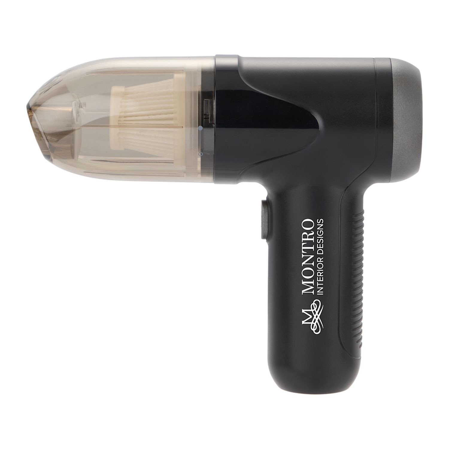 Black handheld rechargeable vacuum and air duster with multiple cleaning attachments, cordless design, and compact portable construction.