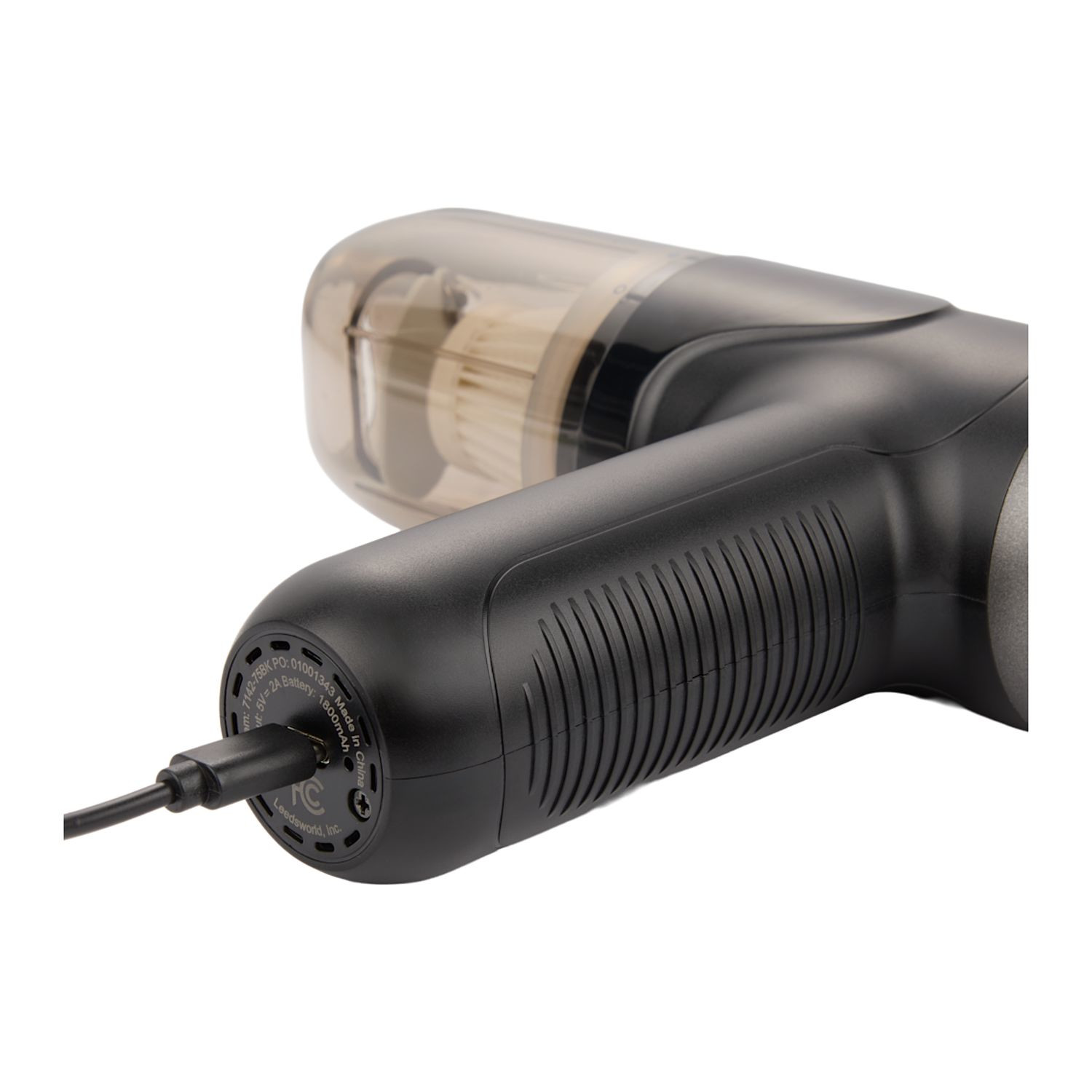 Black handheld rechargeable vacuum and air duster with multiple cleaning attachments, cordless design, and compact portable construction.