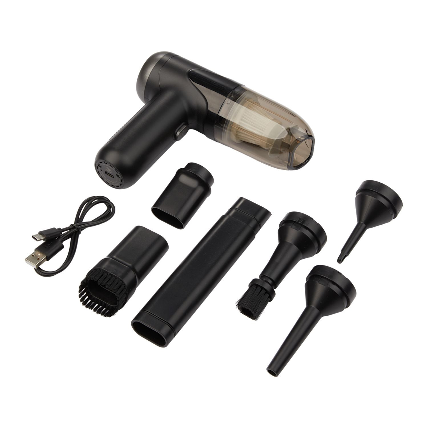 Black handheld rechargeable vacuum and air duster with multiple cleaning attachments, cordless design, and compact portable construction.
