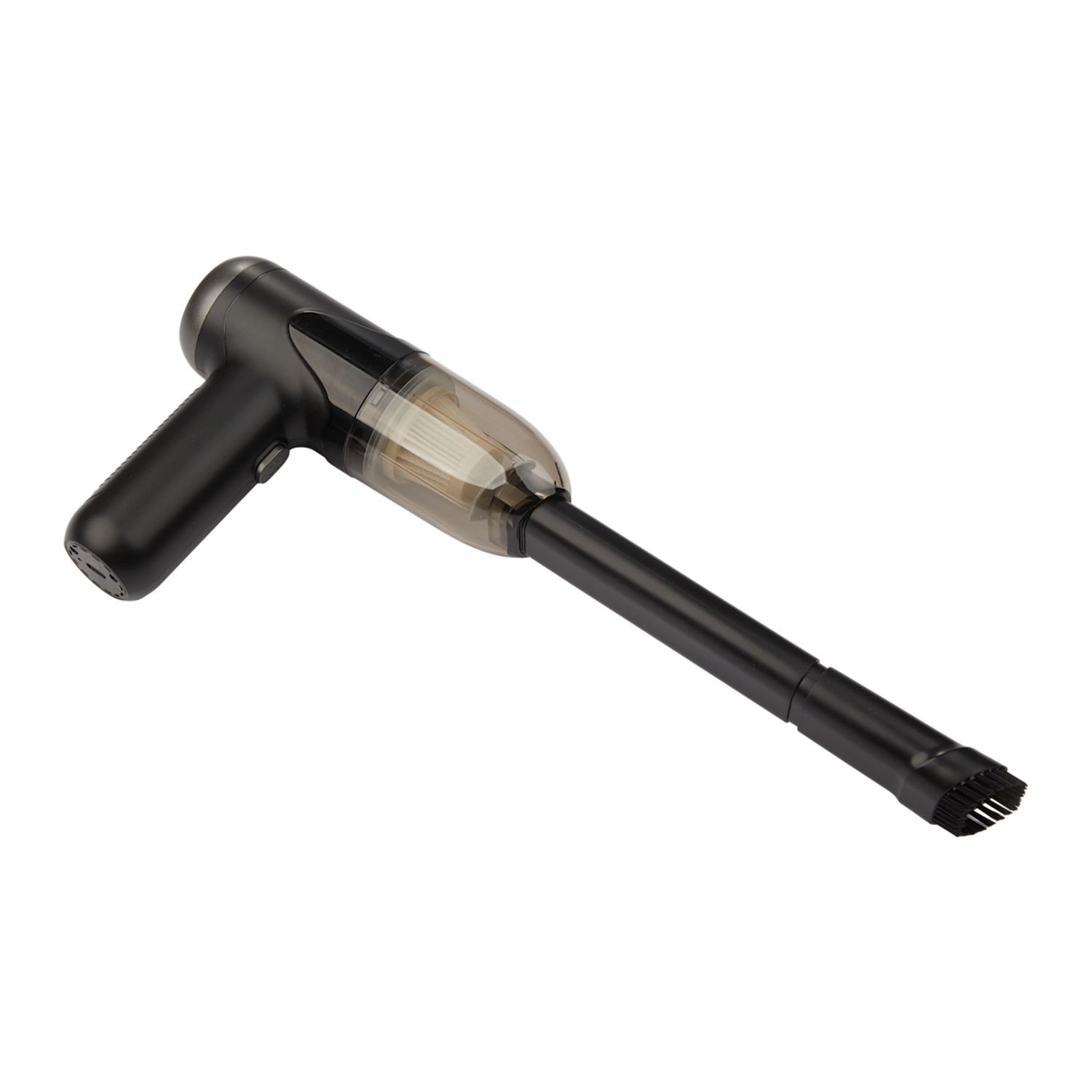 Black handheld rechargeable vacuum and air duster with multiple cleaning attachments, cordless design, and compact portable construction.