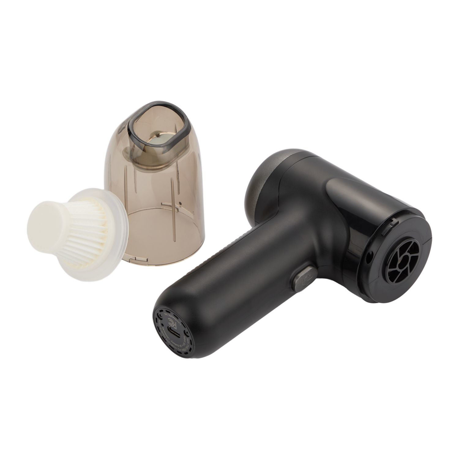 Black handheld rechargeable vacuum and air duster with multiple cleaning attachments, cordless design, and compact portable construction.