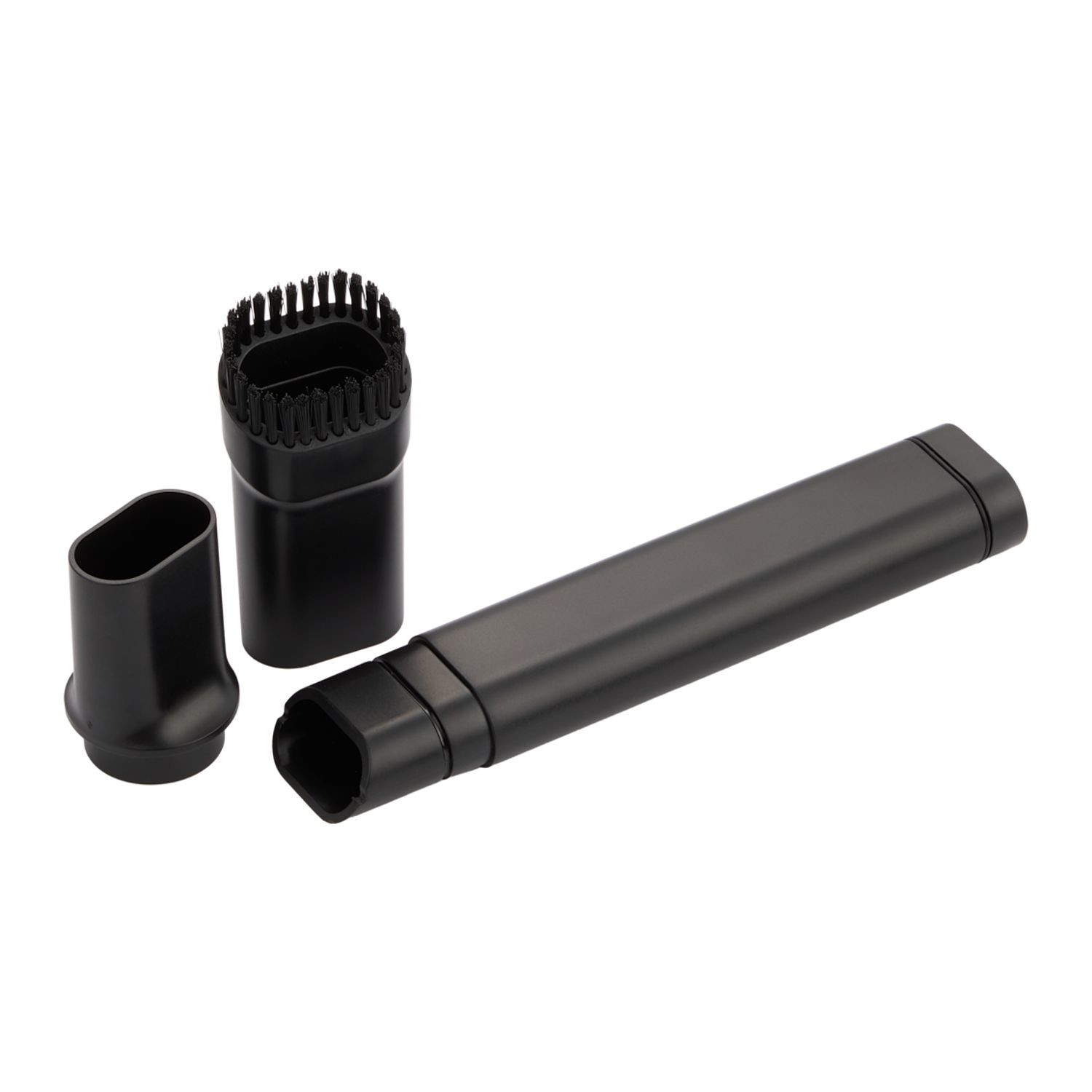 Black handheld rechargeable vacuum and air duster with multiple cleaning attachments, cordless design, and compact portable construction.