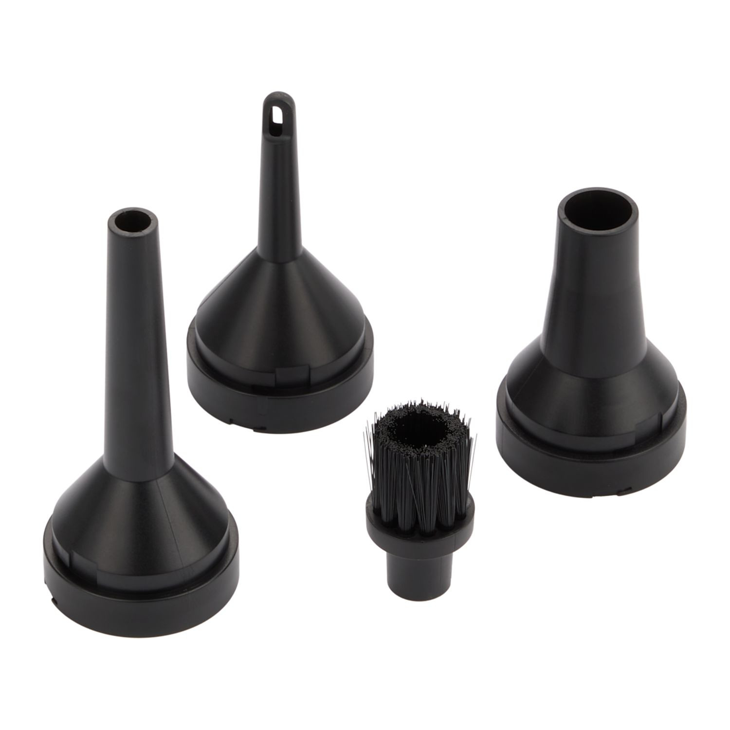 Black handheld rechargeable vacuum and air duster with multiple cleaning attachments, cordless design, and compact portable construction.