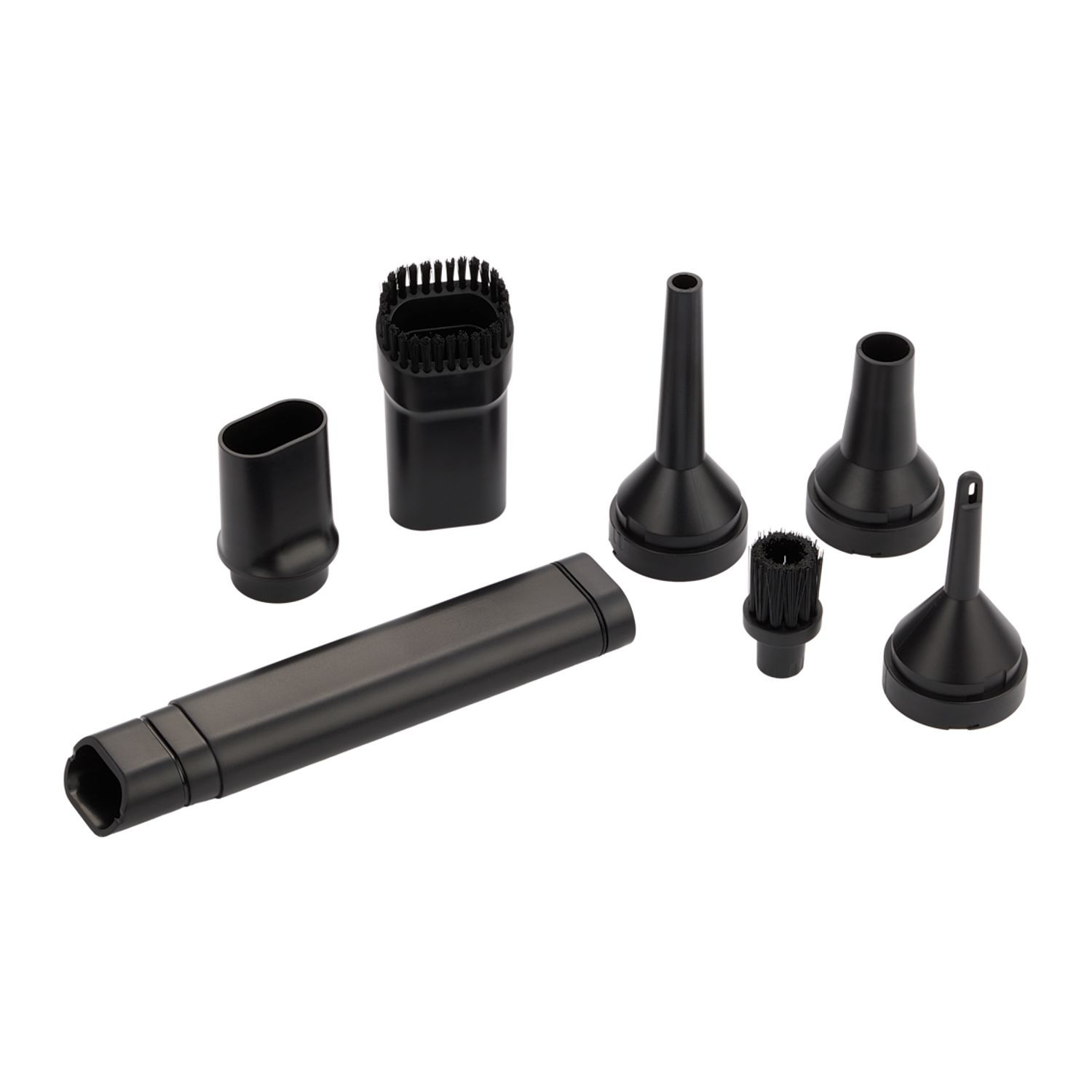 Black handheld rechargeable vacuum and air duster with multiple cleaning attachments, cordless design, and compact portable construction.