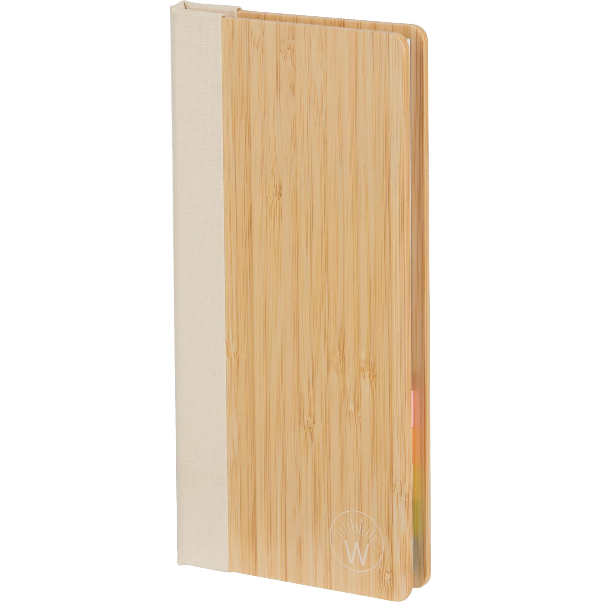 Wellable™ FSC® 100% Bamboo Sticky Note Pad with natural bamboo cover, includes habit tracker, lined notepad, and five colored sticky flags