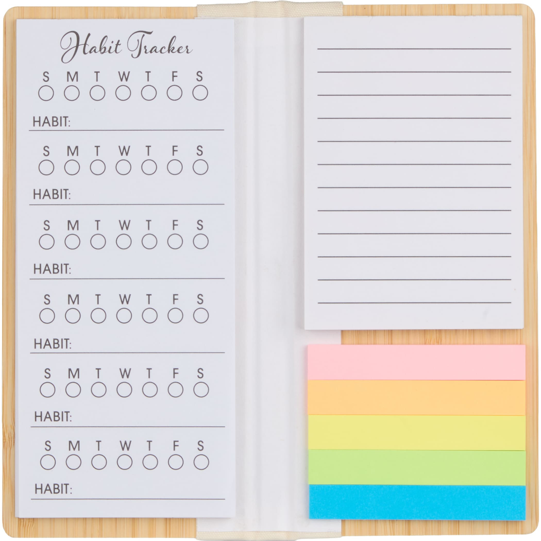Wellable™ FSC® 100% Bamboo Sticky Note Pad with natural bamboo cover, recycled paper notepad, habit tracker pages, and multicolor sticky flags designed for task planning, note-taking, and daily organization.