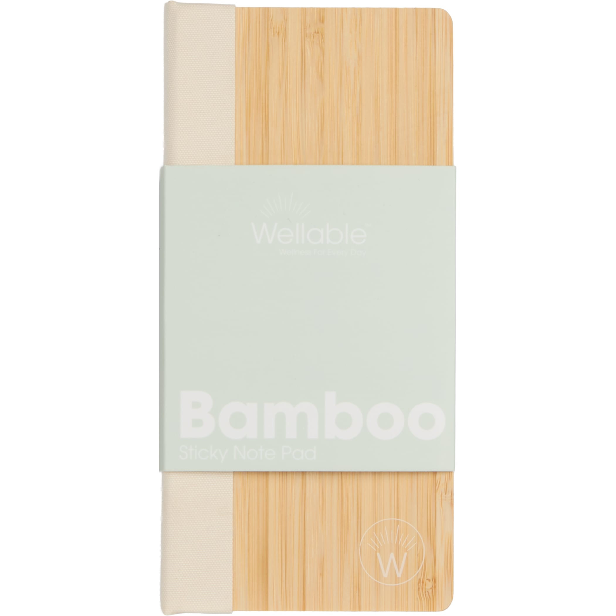 Wellable™ FSC® 100% Bamboo Sticky Note Pad with natural bamboo cover, includes habit tracker, lined notepad, and five colored sticky flags