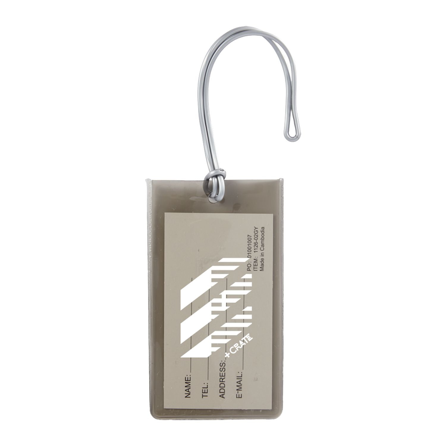 Gray transparent PVC luggage tag with self-loop strap and visible ID card insert for easy travel bag identification.