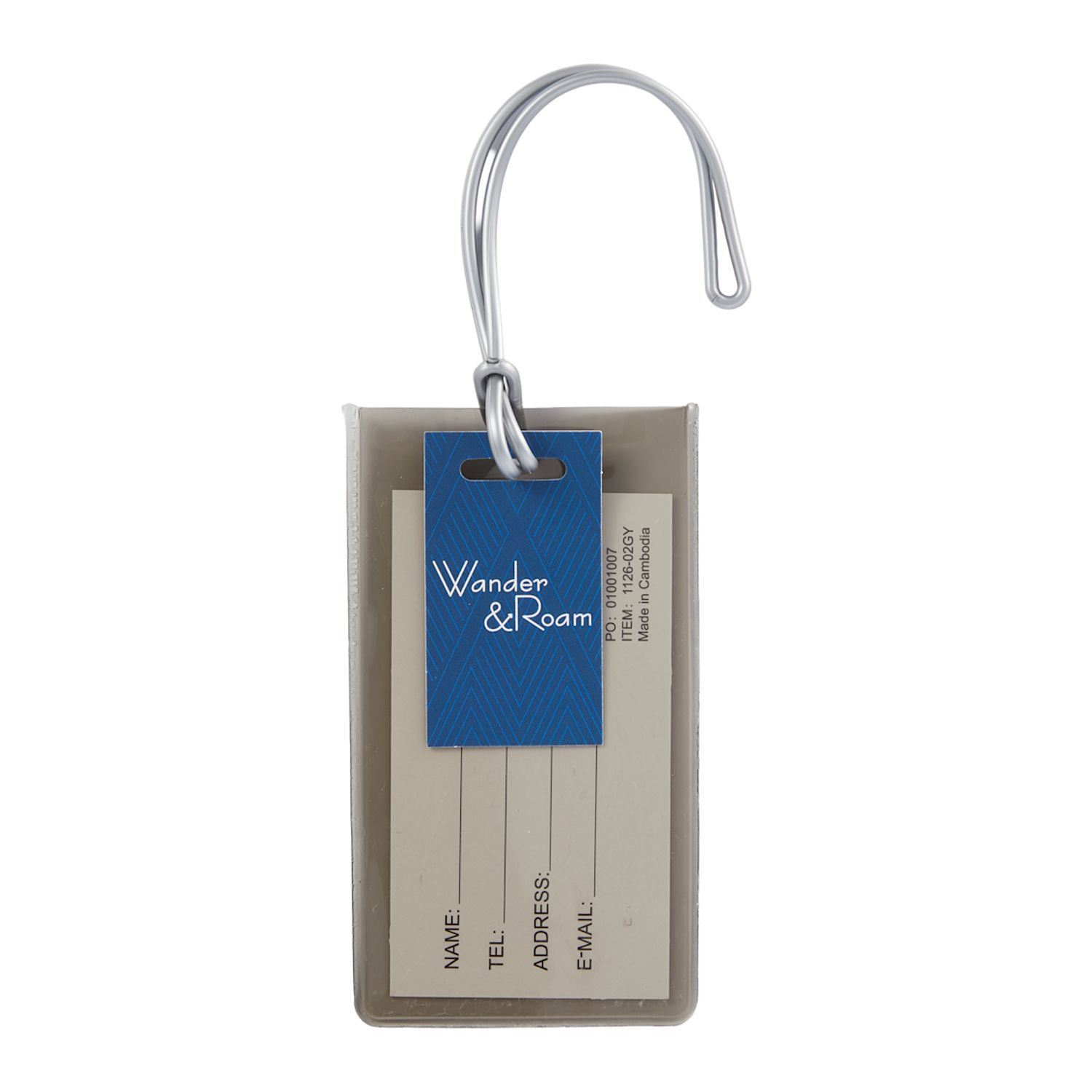 Gray transparent PVC luggage tag with self-loop strap and visible ID card insert for easy travel bag identification.