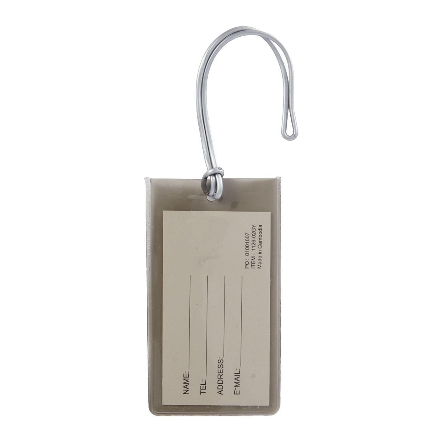 Gray transparent PVC luggage tag with self-loop strap and visible ID card insert for easy travel bag identification.