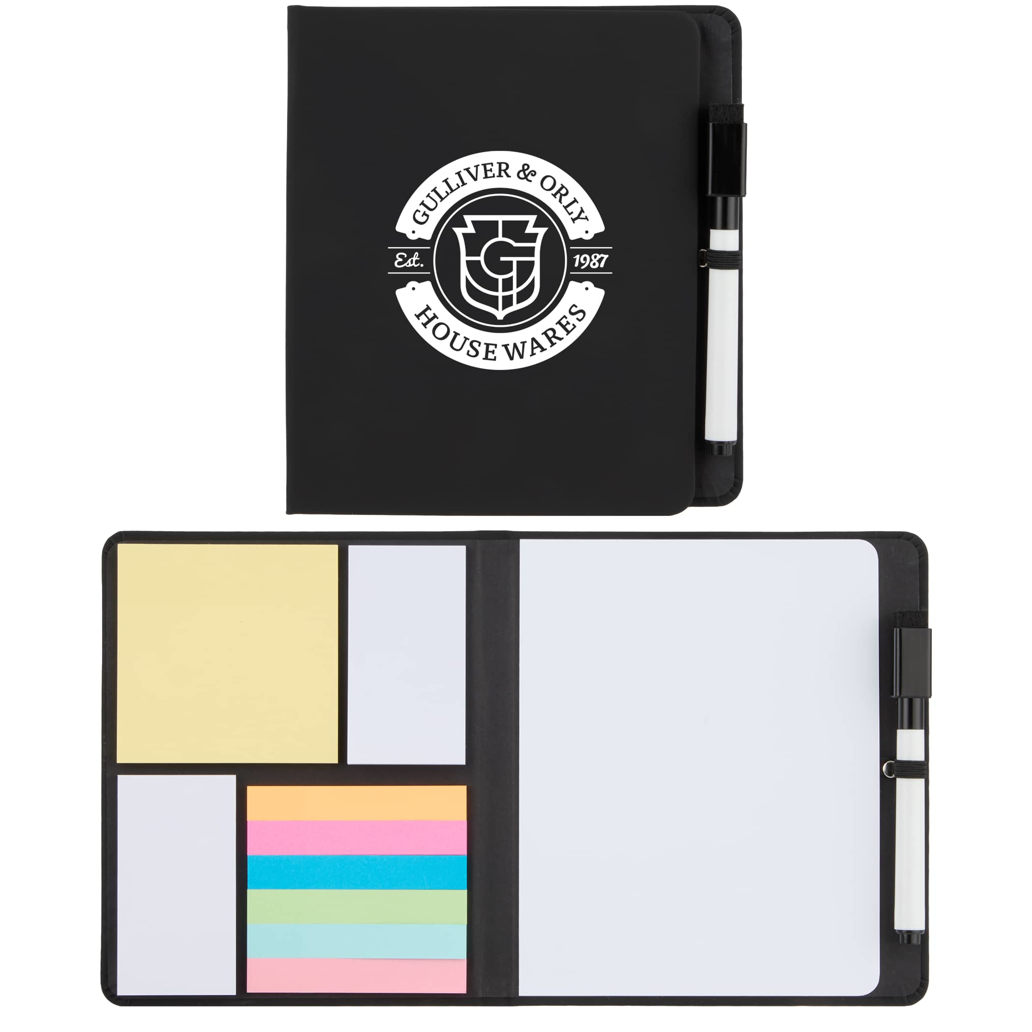 Black Wellable™ FSC® 100% Bamboo Sticky Note Pad with natural bamboo cover, recycled paper notepad, habit tracker pages, and multicolor sticky flags designed for task planning, note-taking, and daily organization.