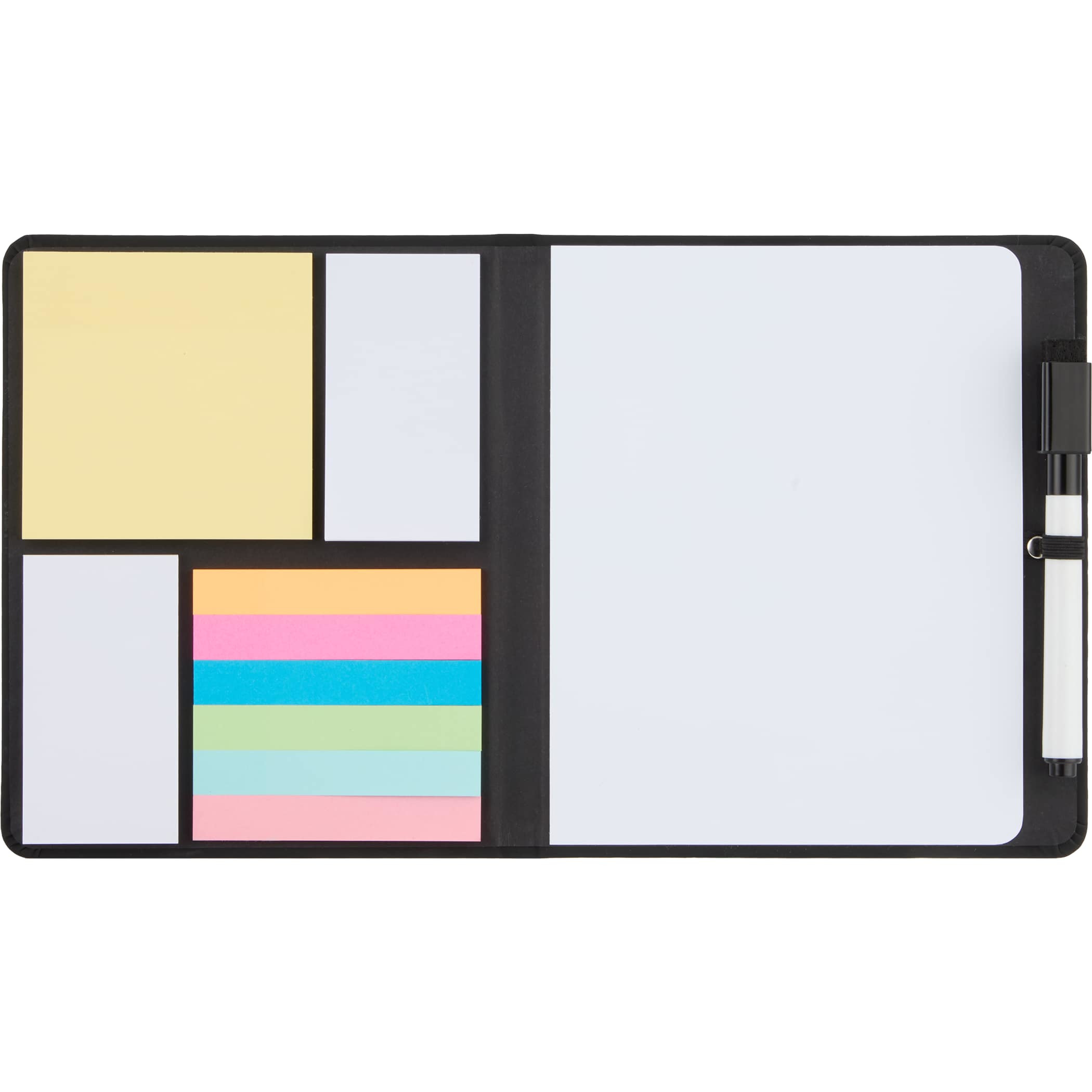 Black Wellable™ FSC® 100% Bamboo Sticky Note Pad with natural bamboo cover, includes habit tracker, lined notepad, and five colored sticky flags