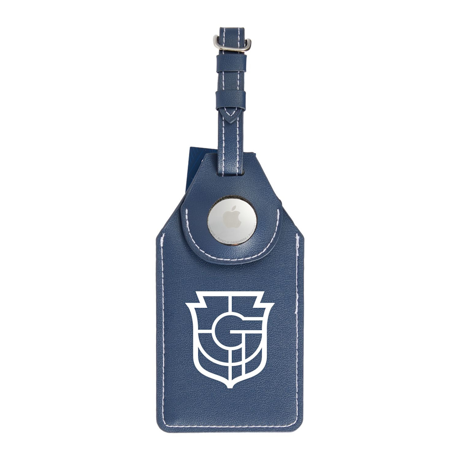 Navy recycled PU luggage tag with built-in AirTag holder, clear ID window, and secure hook-and-loop closure for travel identification.