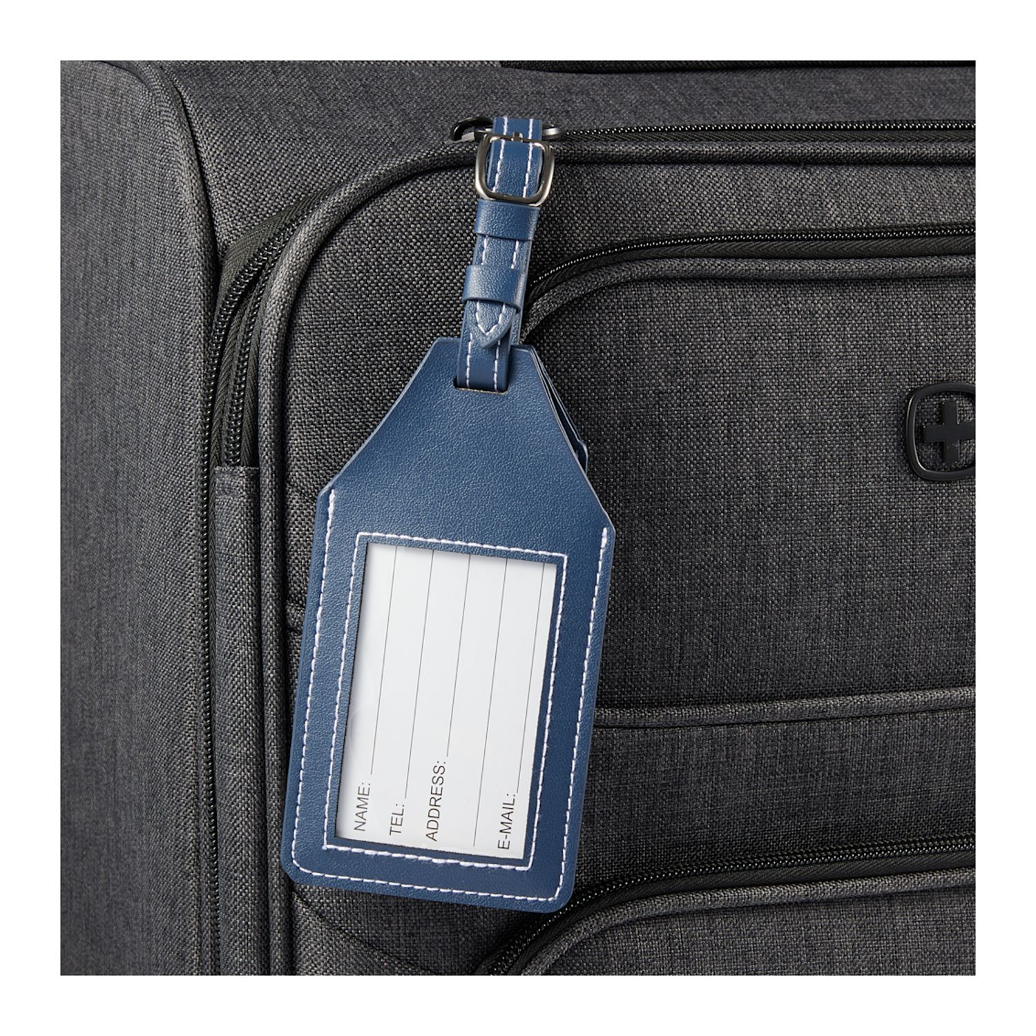 Navy recycled PU luggage tag with built-in AirTag holder, clear ID window, and secure hook-and-loop closure for travel identification.