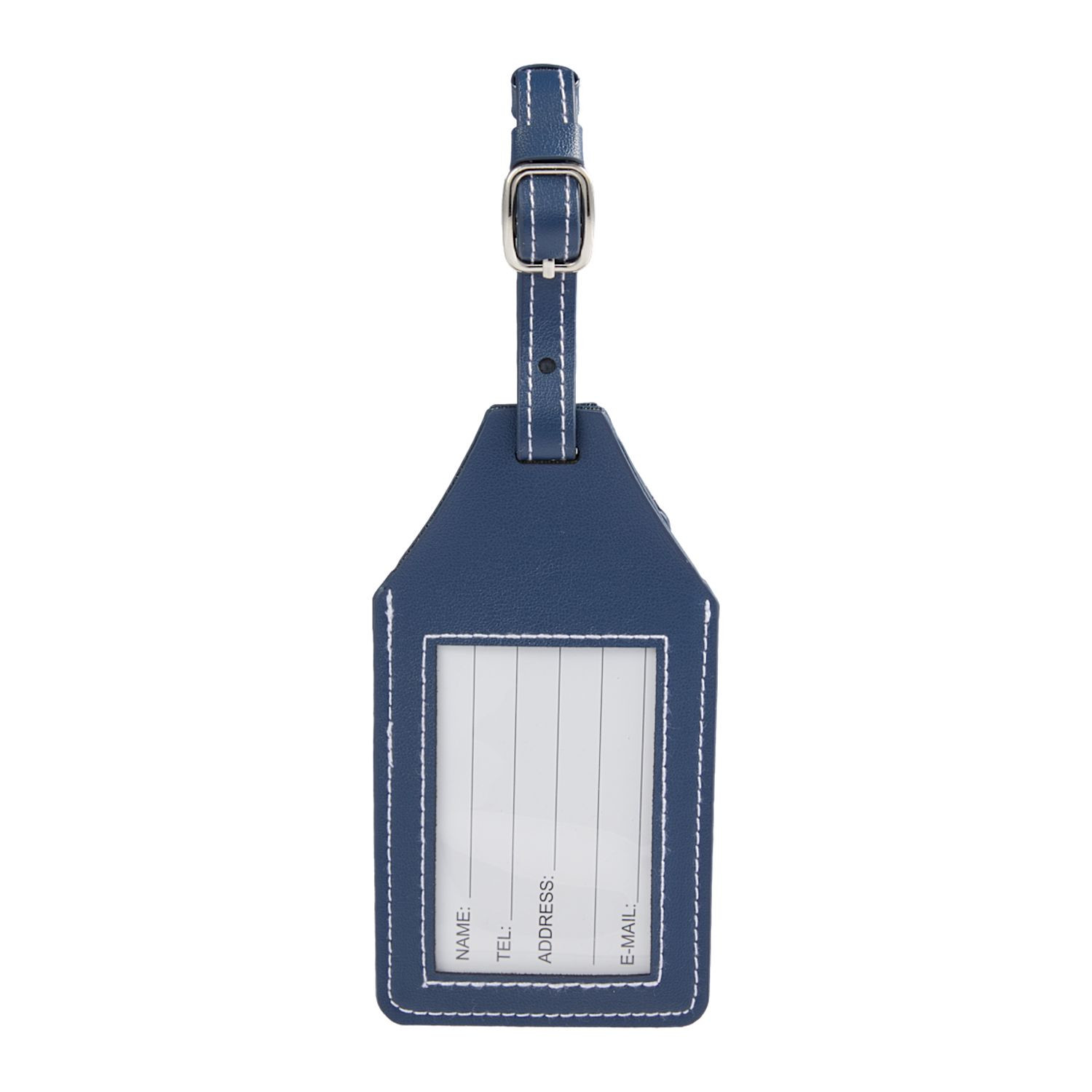 Navy recycled PU luggage tag with built-in AirTag holder, clear ID window, and secure hook-and-loop closure for travel identification.
