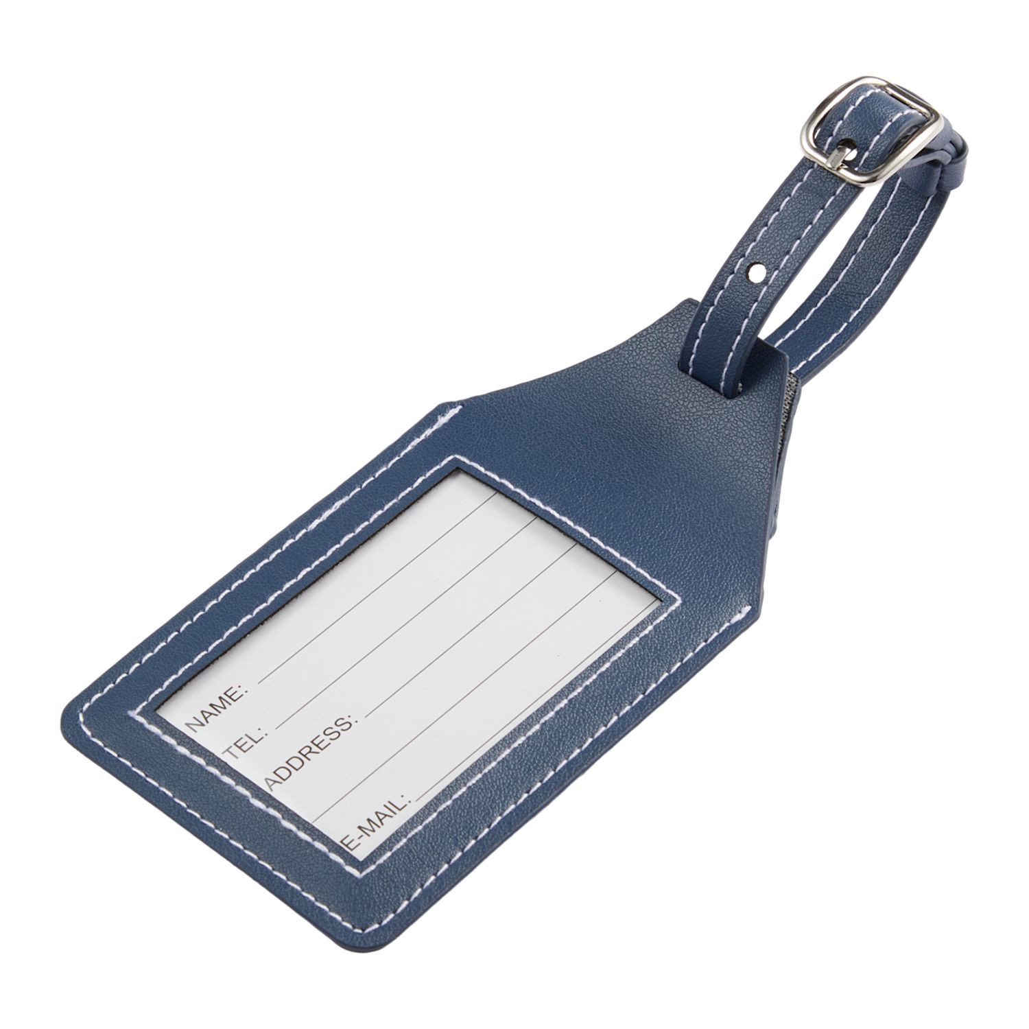 Navy recycled PU luggage tag with built-in AirTag holder, clear ID window, and secure hook-and-loop closure for travel identification.