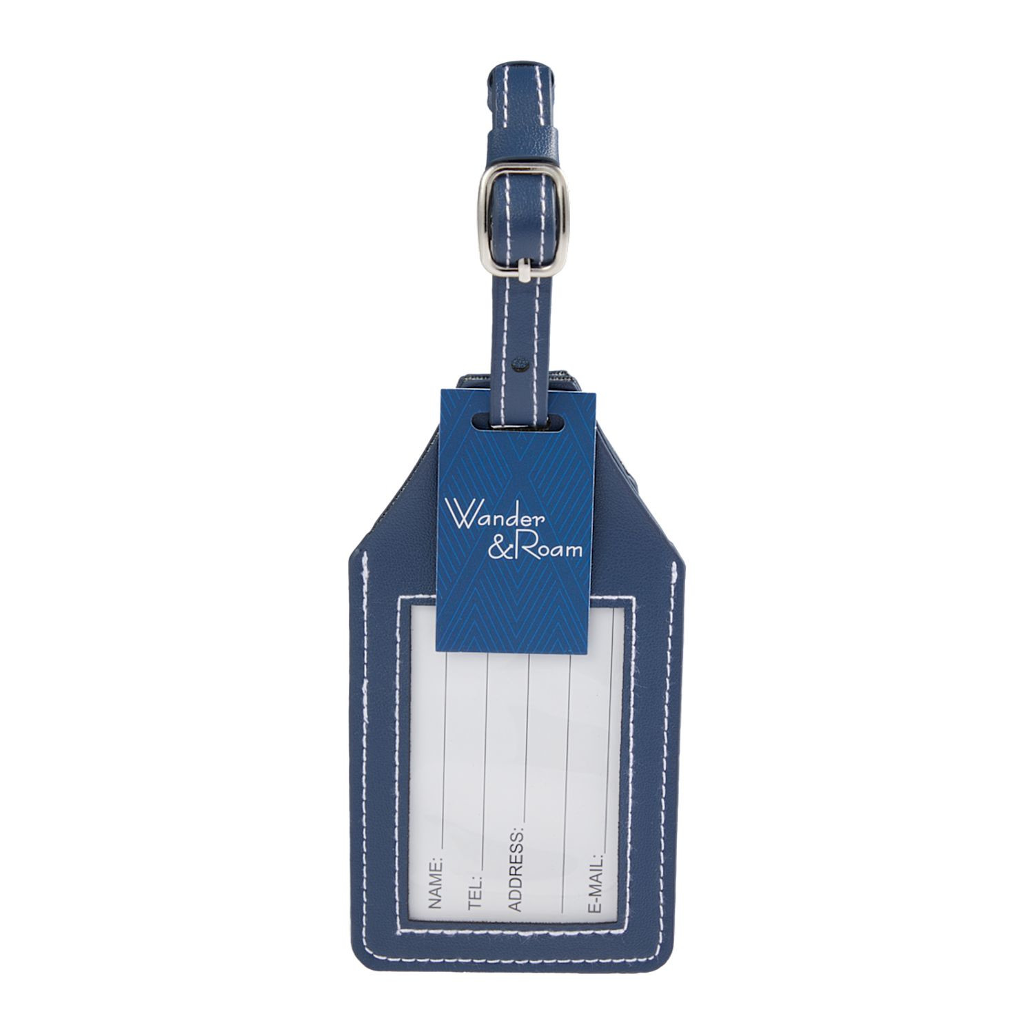 Navy recycled PU luggage tag with built-in AirTag holder, clear ID window, and secure hook-and-loop closure for travel identification.