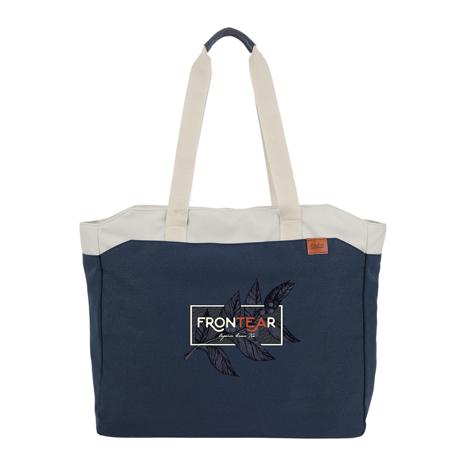 Navy recycled polyester work tote with padded laptop compartment, front storage pocket, trolley strap, striped interior lining, and contrasting yellow zipper pull.