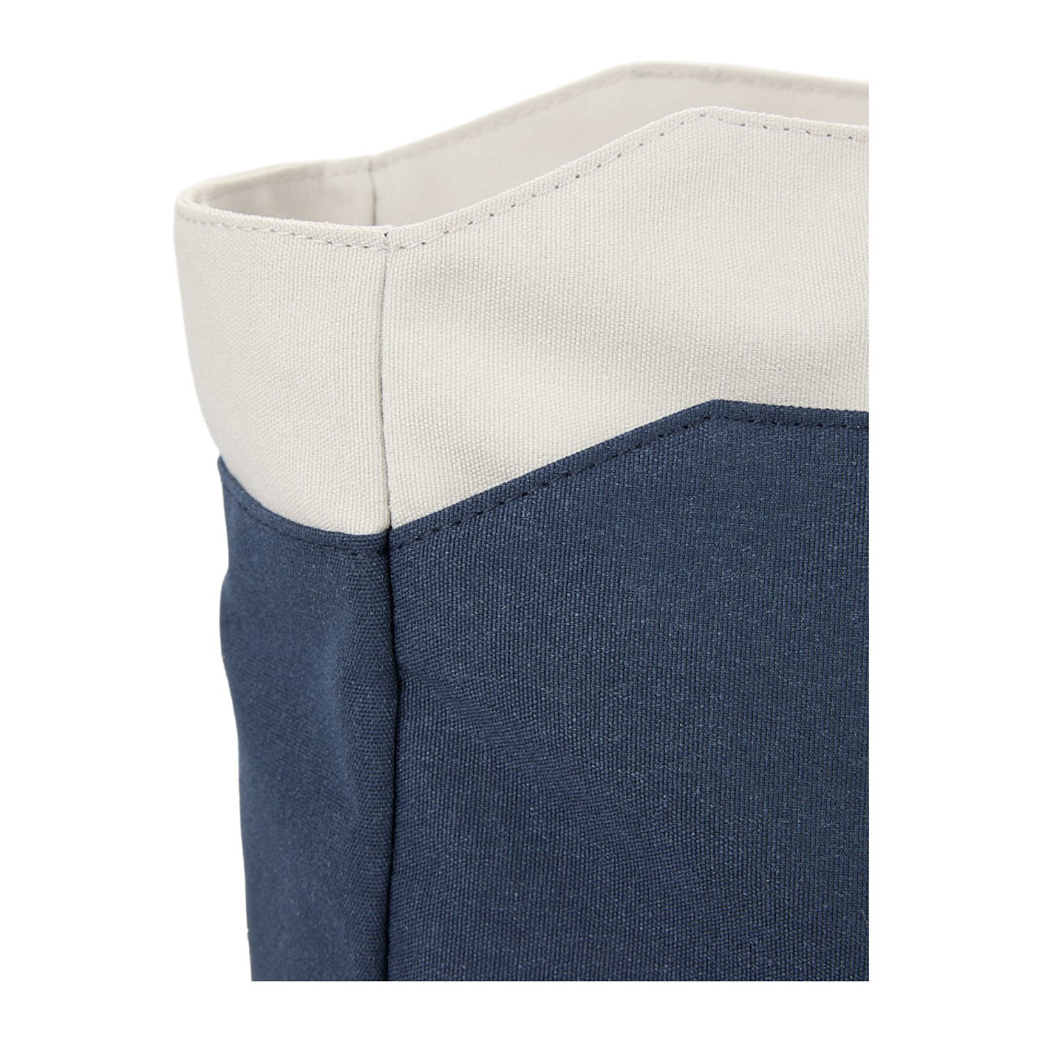 Navy recycled polyester work tote with padded laptop compartment, front storage pocket, trolley strap, striped interior lining, and contrasting yellow zipper pull.