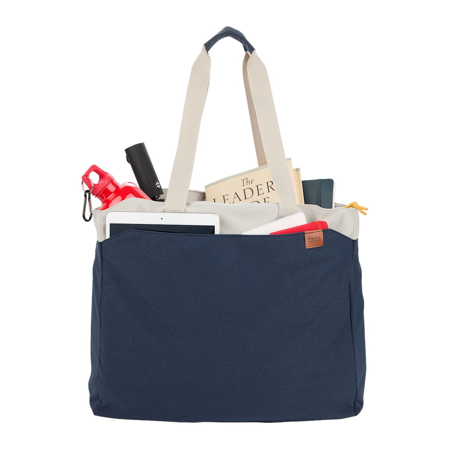 Navy recycled polyester work tote with padded laptop compartment, front storage pocket, trolley strap, striped interior lining, and contrasting yellow zipper pull.