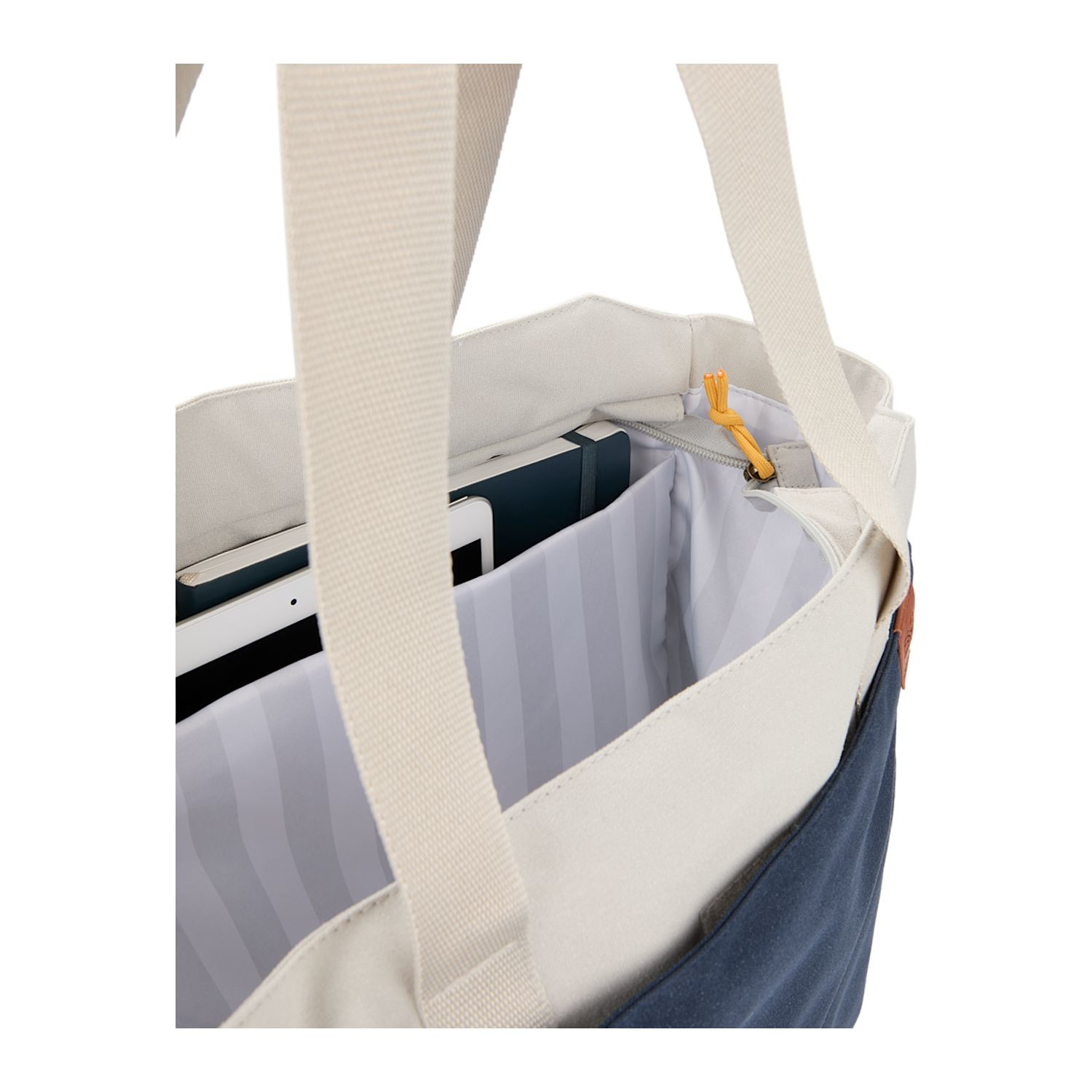Navy recycled polyester work tote with padded laptop compartment, front storage pocket, trolley strap, striped interior lining, and contrasting yellow zipper pull.