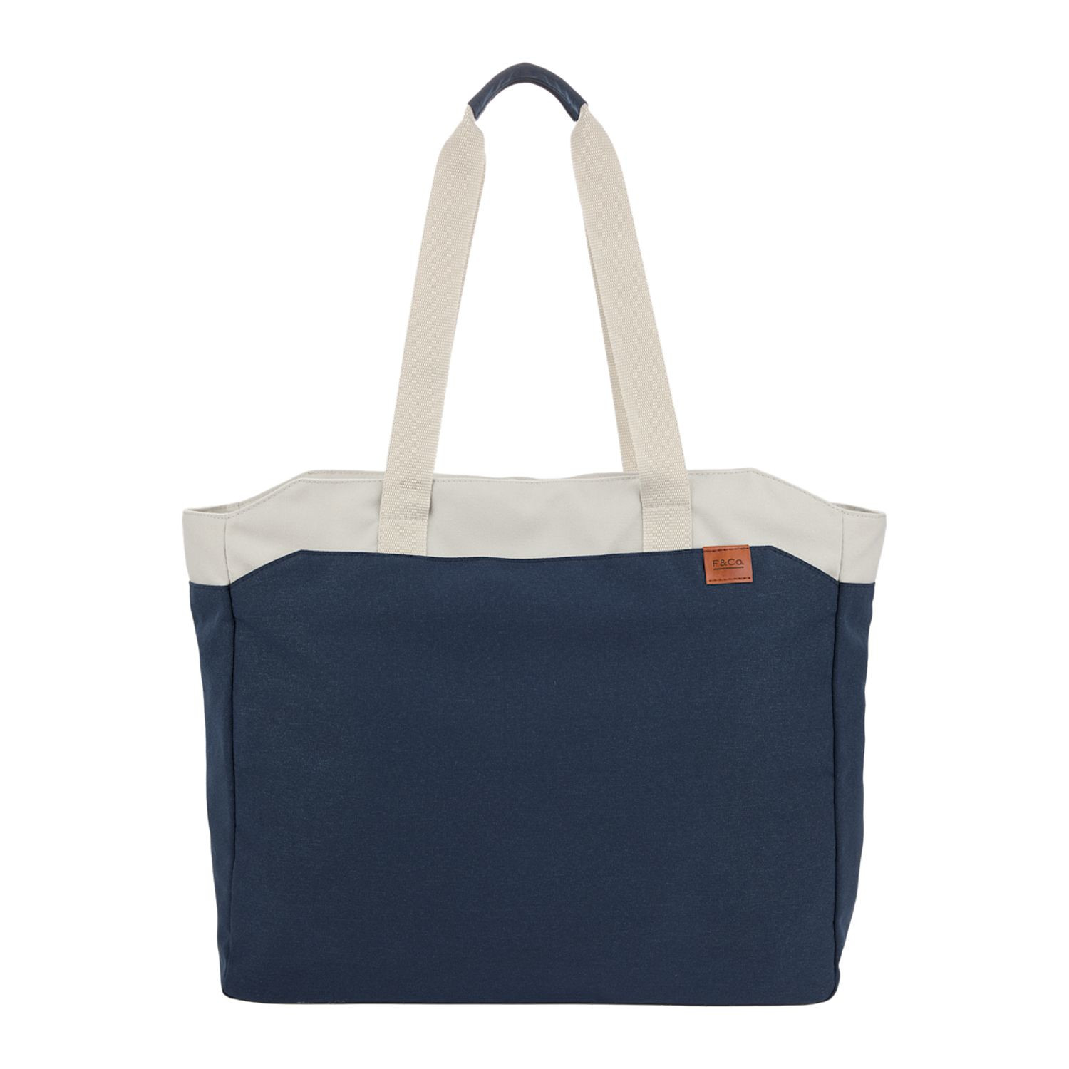 Navy recycled polyester work tote with padded laptop compartment, front storage pocket, trolley strap, striped interior lining, and contrasting yellow zipper pull.