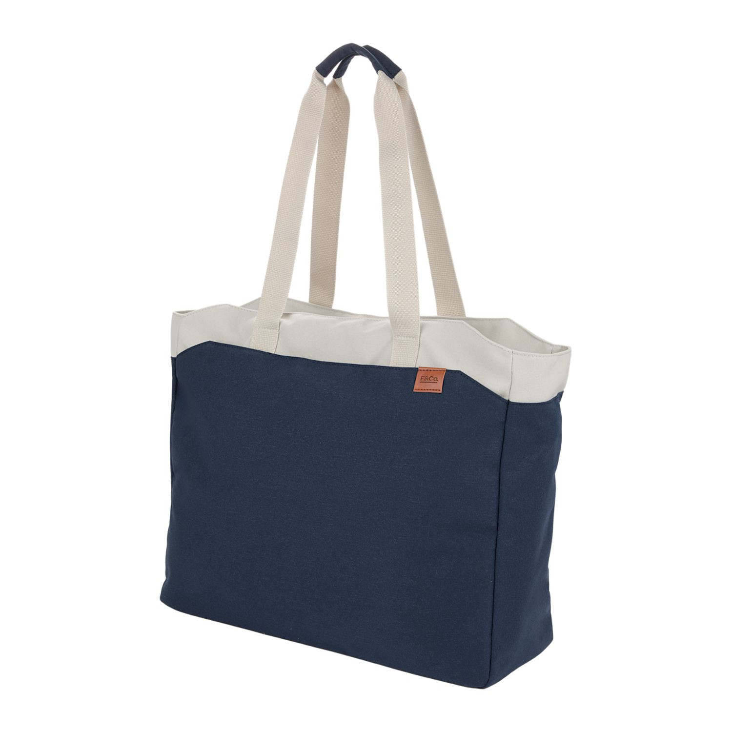 Navy recycled polyester work tote with padded laptop compartment, front storage pocket, trolley strap, striped interior lining, and contrasting yellow zipper pull.