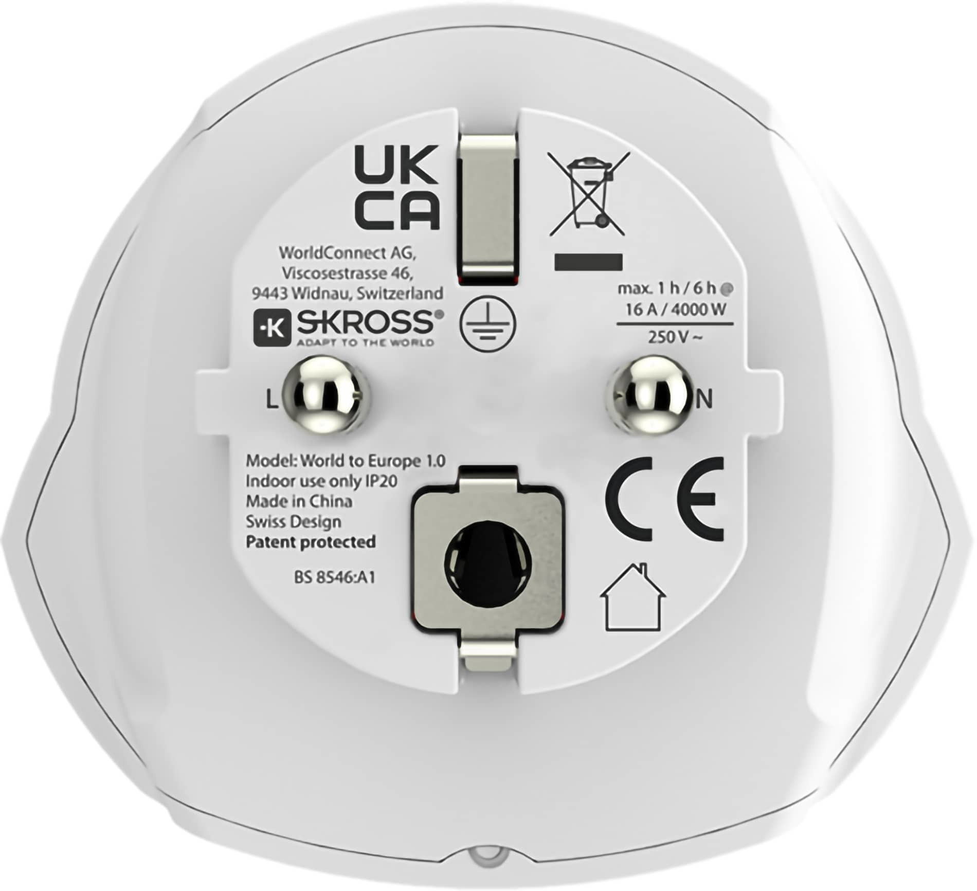 SKROSS World to Europe Travel Adapter, white plastic travel plug adapter with European socket and multi-country input compatibility for charging laptops, smartphones, tablets, and other electronics in Europe.