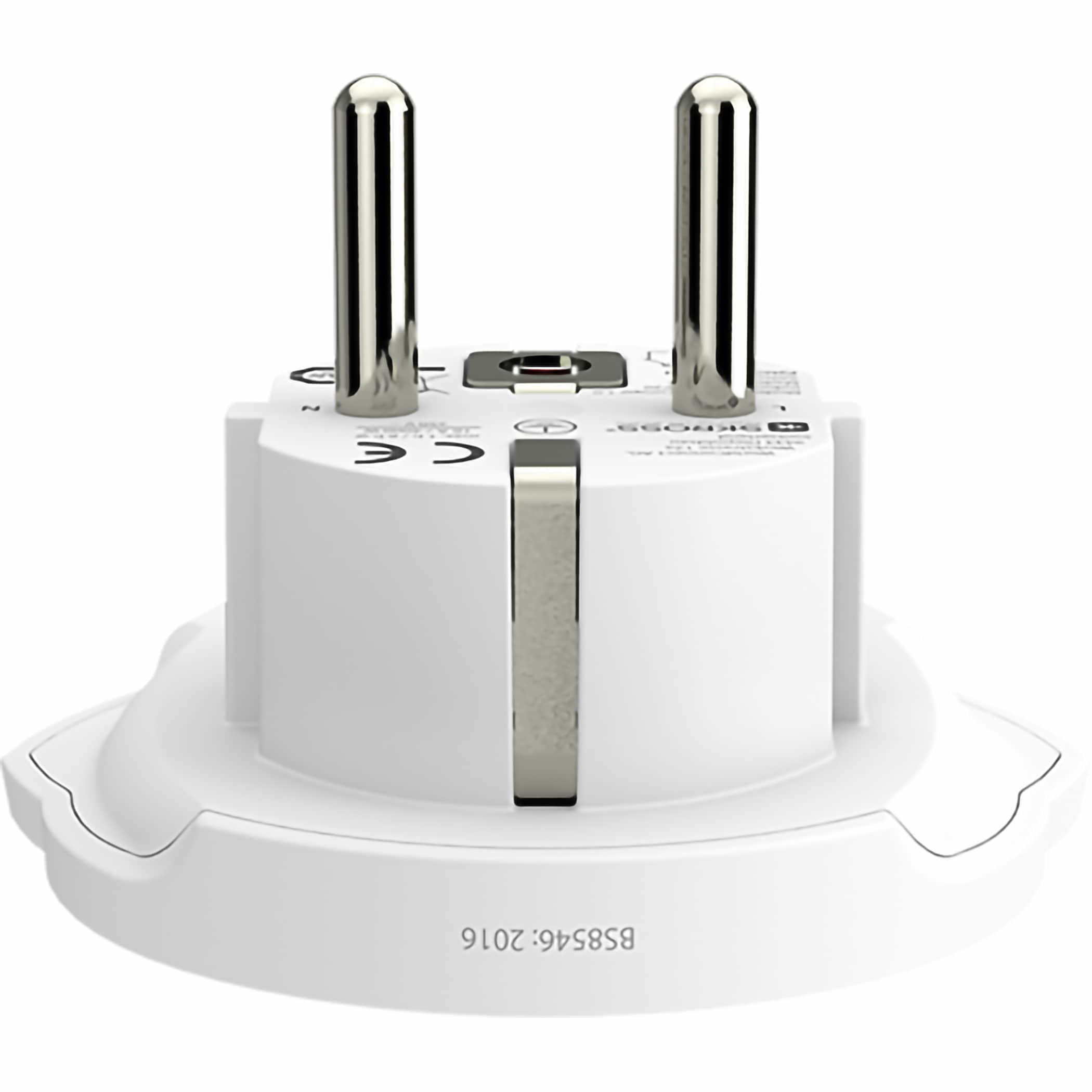 SKROSS World to Europe Travel Adapter, white plastic travel plug adapter with European socket and multi-country input compatibility for charging laptops, smartphones, tablets, and other electronics in Europe.