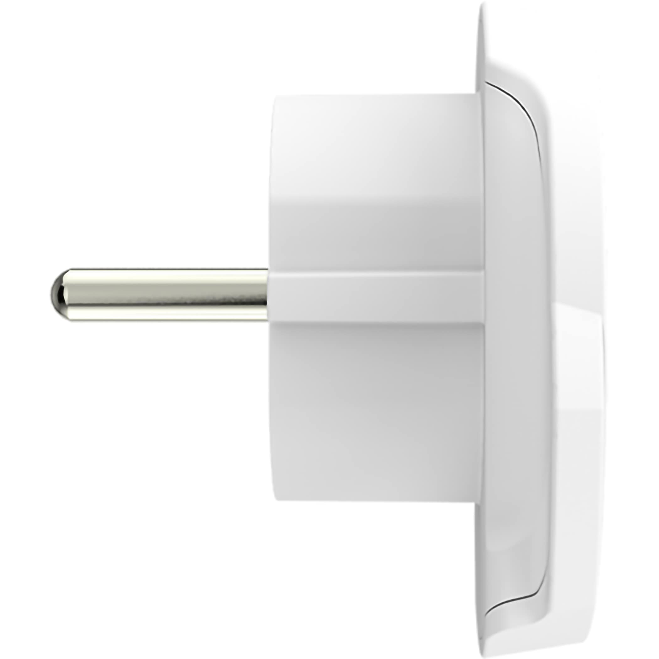 SKROSS World to Europe Travel Adapter, white plastic travel plug adapter with European socket and multi-country input compatibility for charging laptops, smartphones, tablets, and other electronics in Europe.