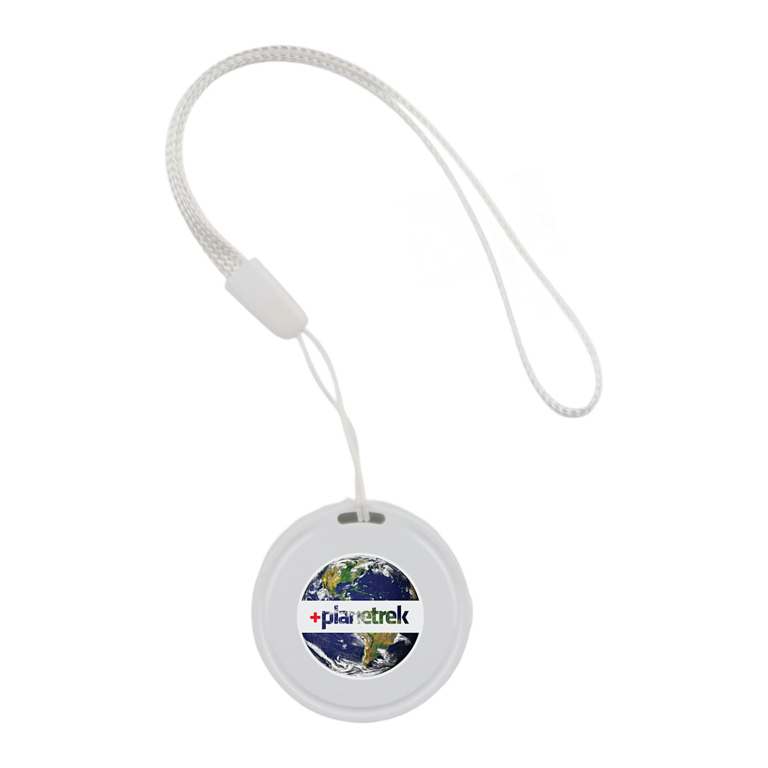 White Bluetooth tracking device compatible with Apple Find My and Google Find My Device networks, featuring a compact square design with integrated keyring opening.