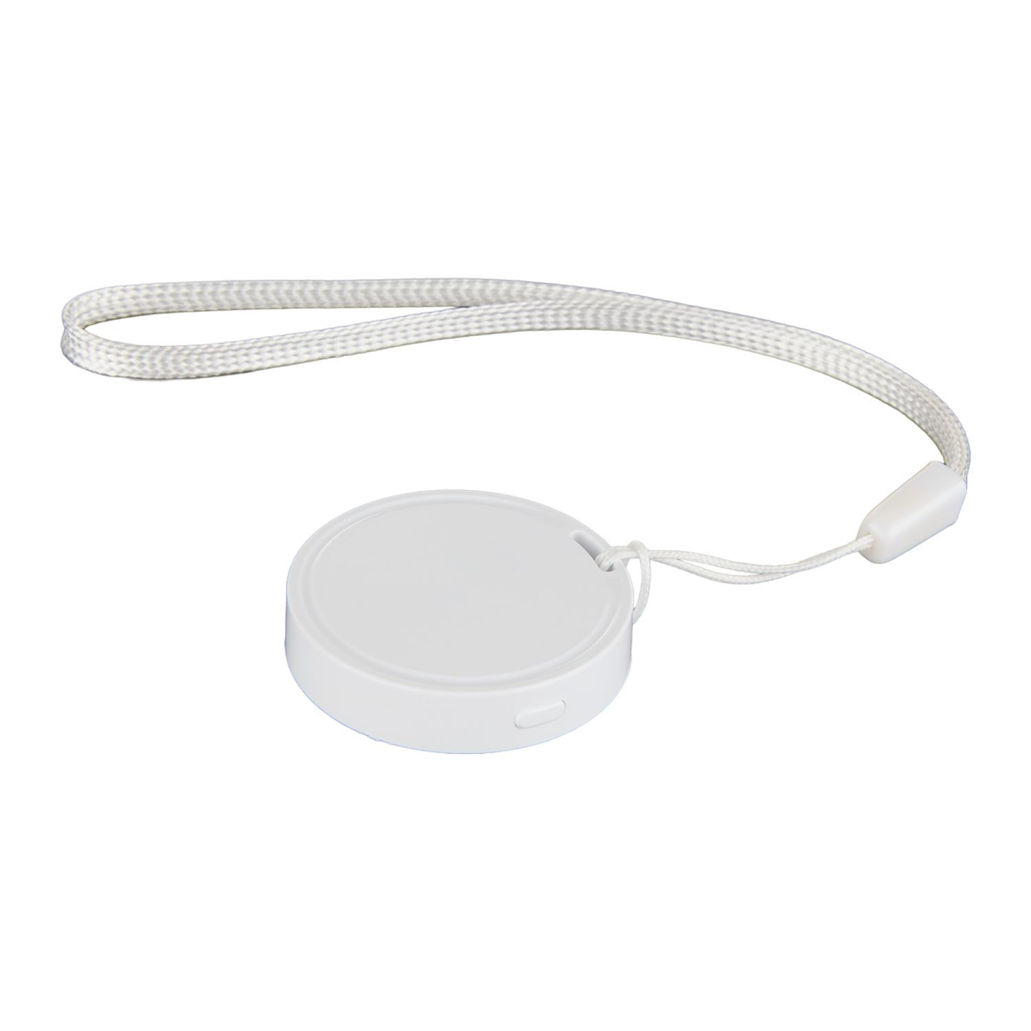 White Bluetooth tracking device compatible with Apple Find My and Google Find My Device networks, featuring a compact square design with integrated keyring opening.