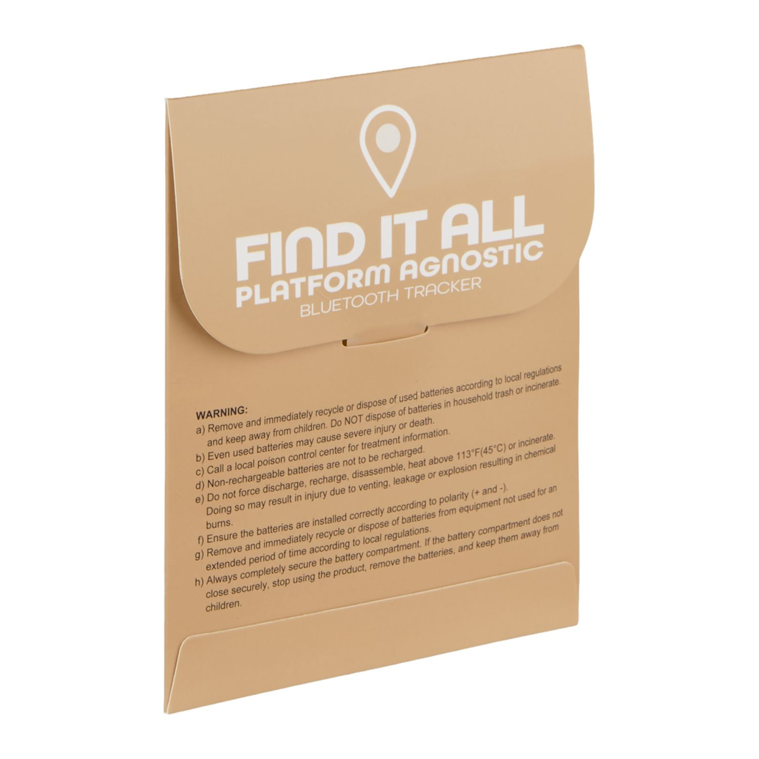 White Bluetooth tracking device compatible with Apple Find My and Google Find My Device networks, featuring a compact square design with integrated keyring opening.