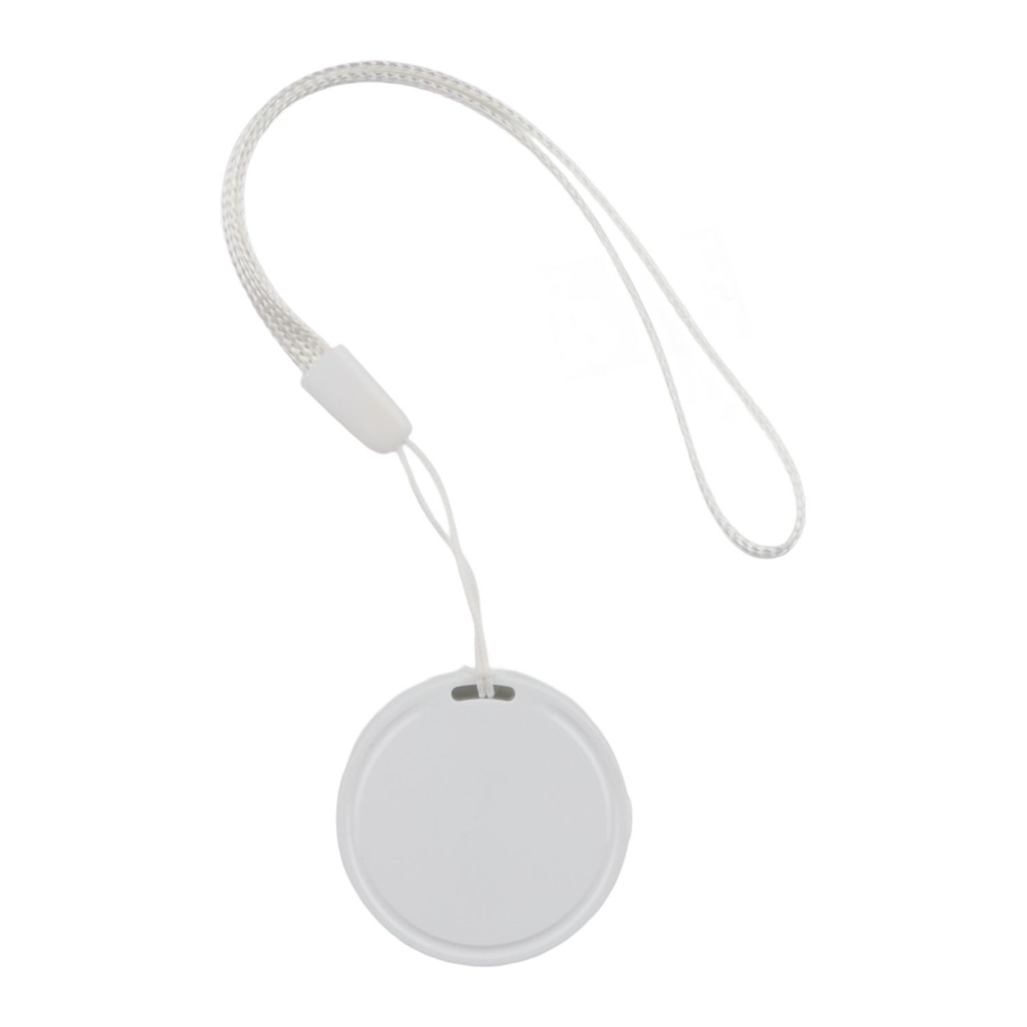 White Bluetooth tracking device compatible with Apple Find My and Google Find My Device networks, featuring a compact square design with integrated keyring opening.