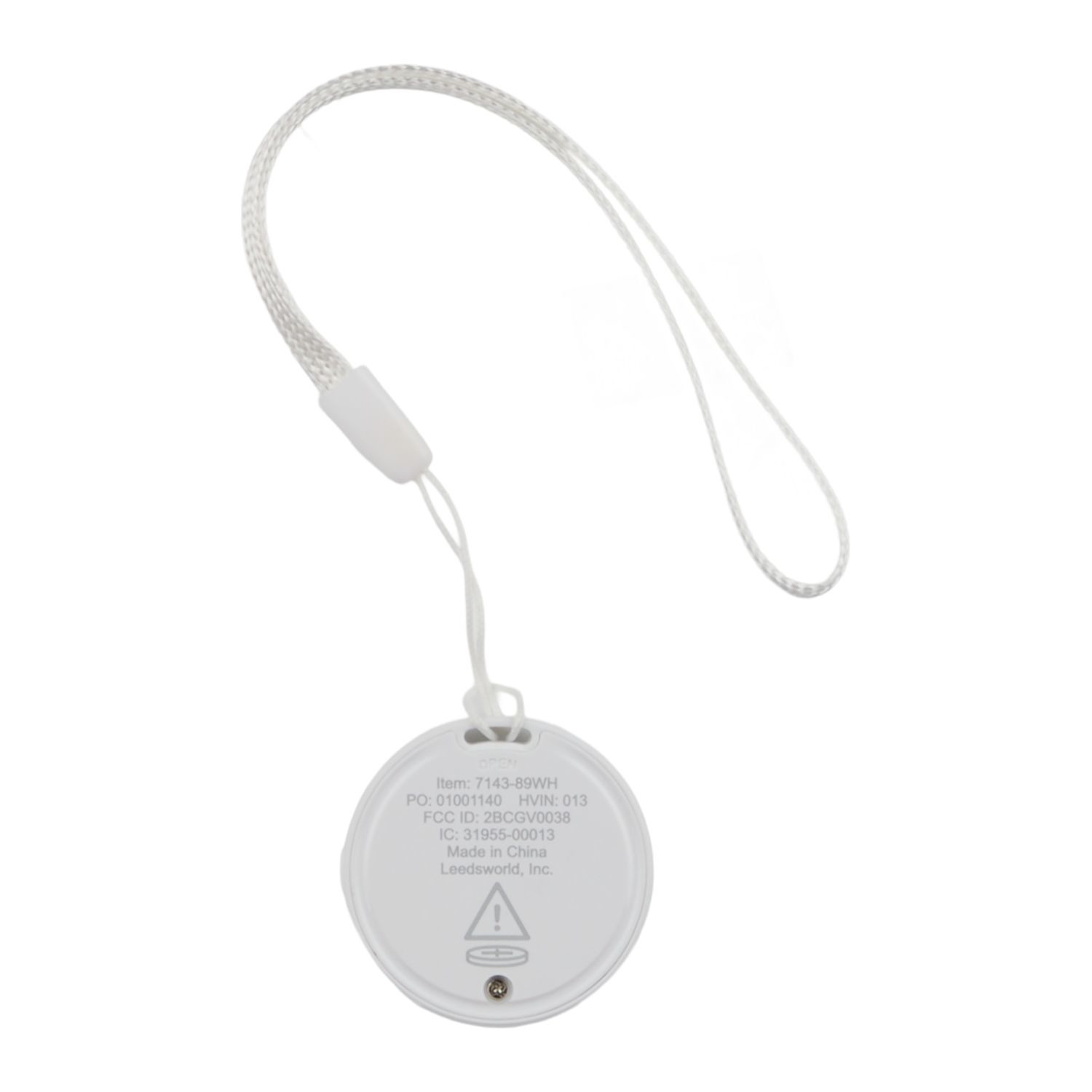 White Bluetooth tracking device compatible with Apple Find My and Google Find My Device networks, featuring a compact square design with integrated keyring opening.