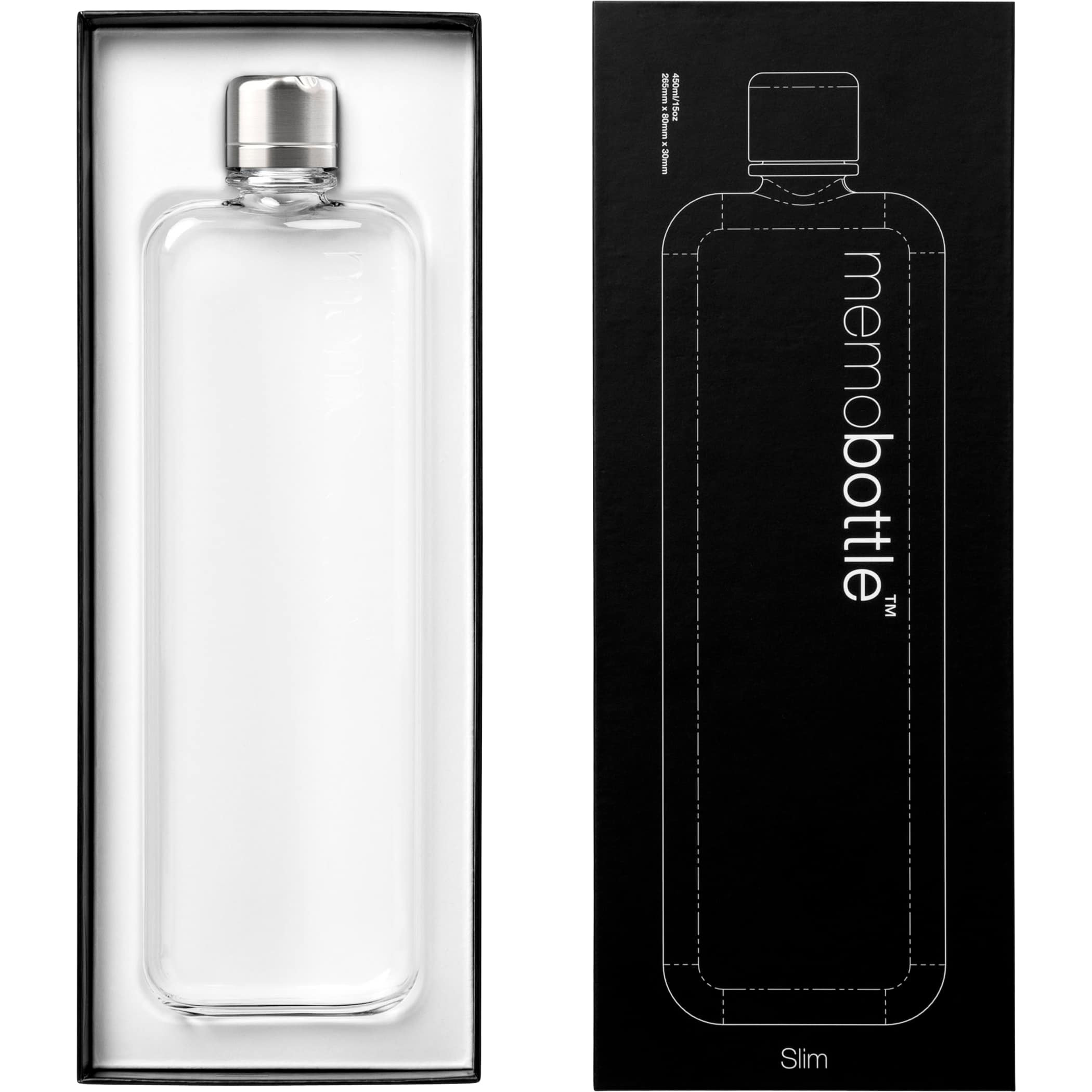 Clear Slim Tritan™ memobottle™ - 15 oz.  Tritan plastic water bottle with a stainless steel lid displayed in a custom-fit presentation tray beside its black memobottle™ retail packaging, highlighting the slim rectangular design for everyday hydration and travel.